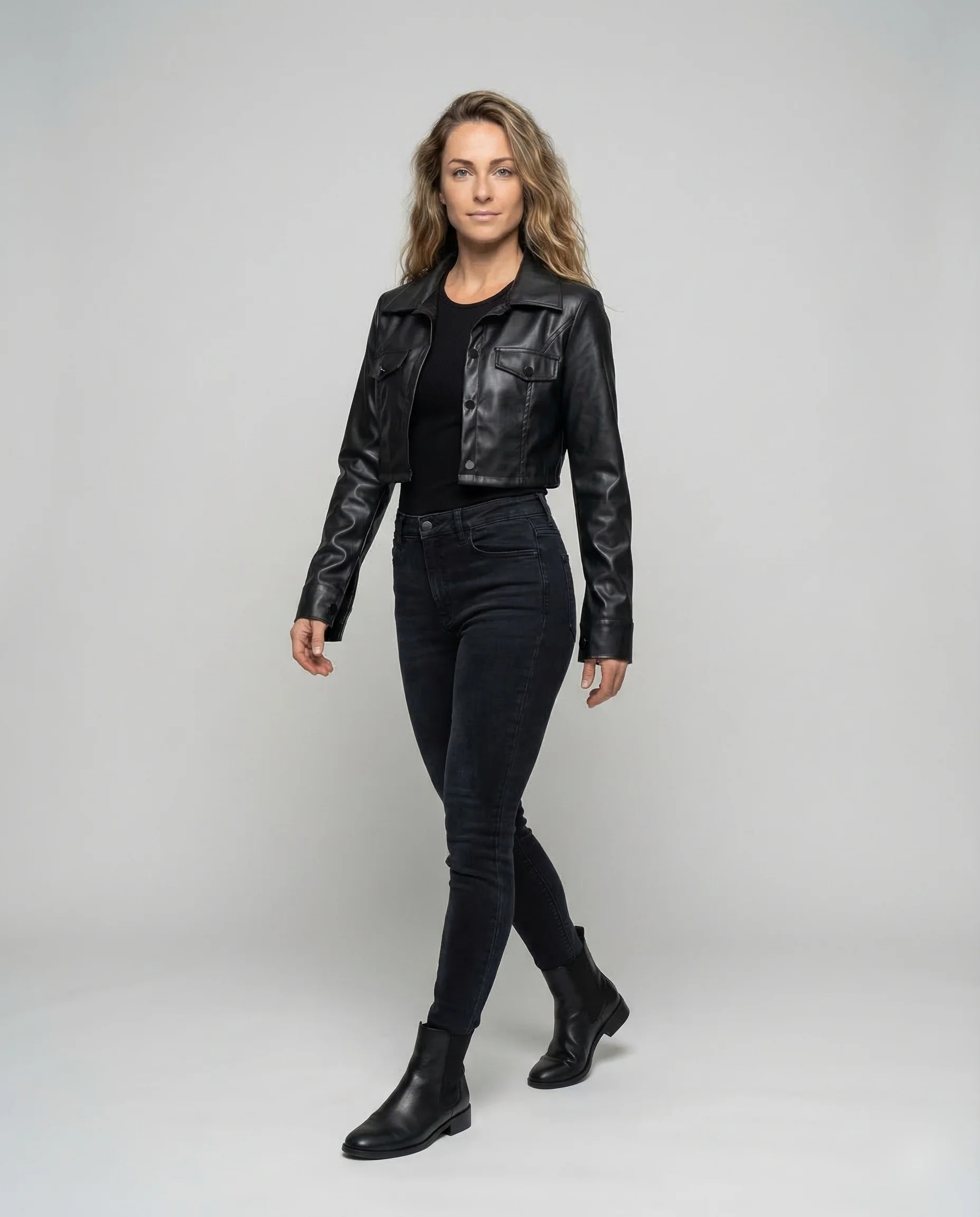 Damen Lederjacke Kurz Hemdstil