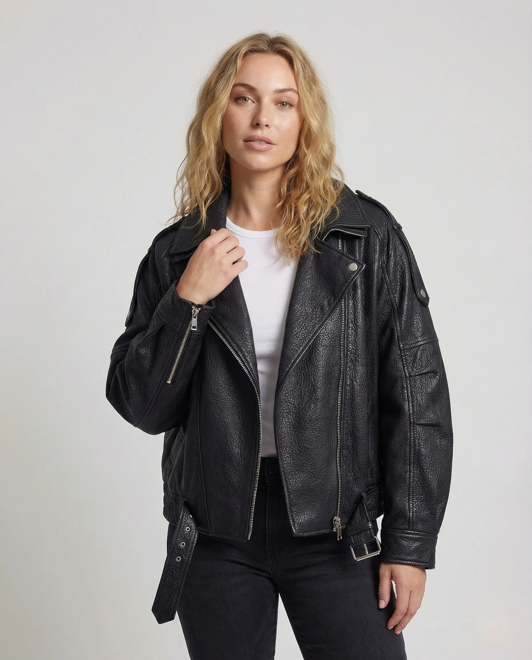Damen Oversize Bikerjacke Kurz aus Kunstleder mit Reverskragen und Gürtel - Image 2