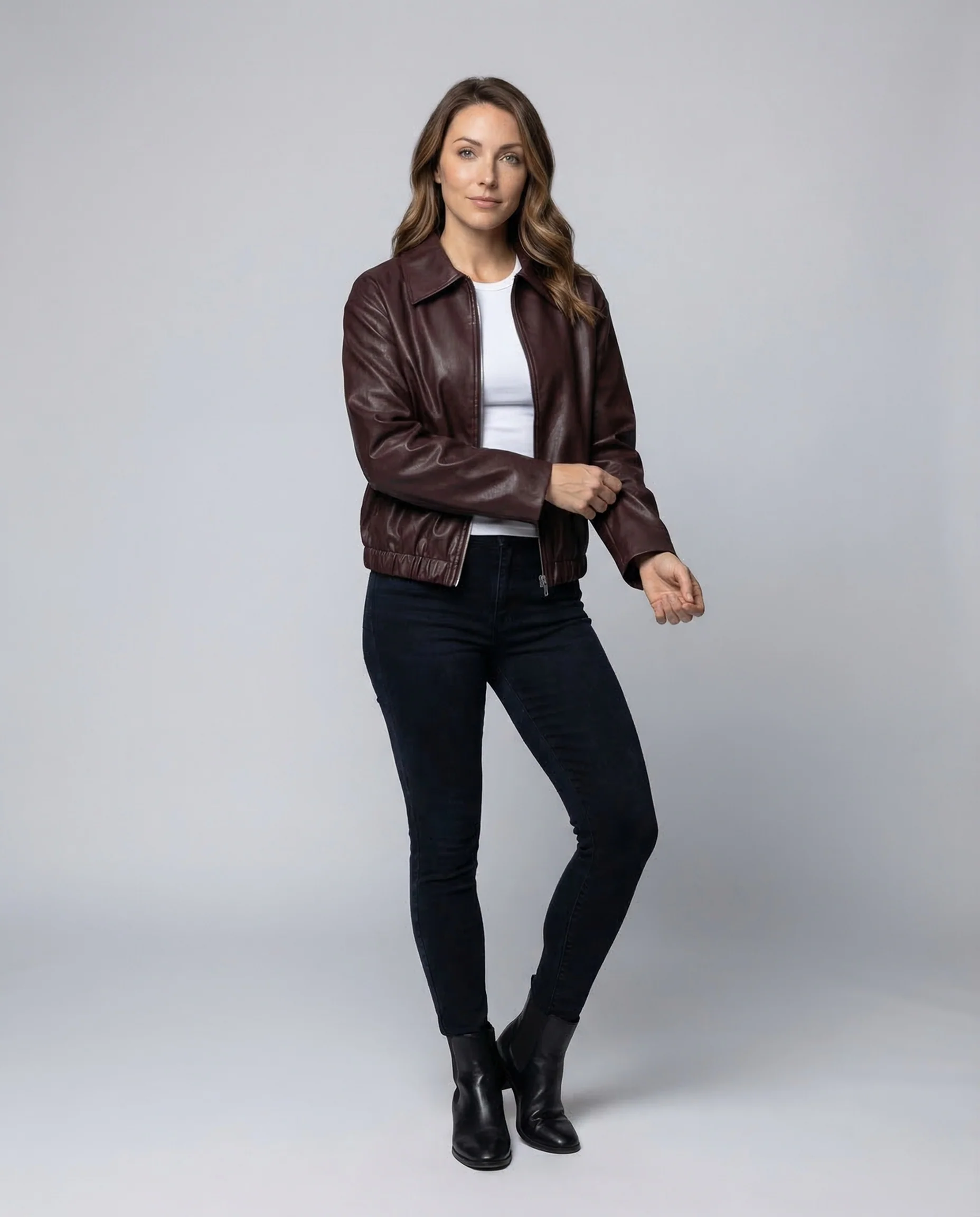 Damen PU Lederjacke Kurz Hemdkragen