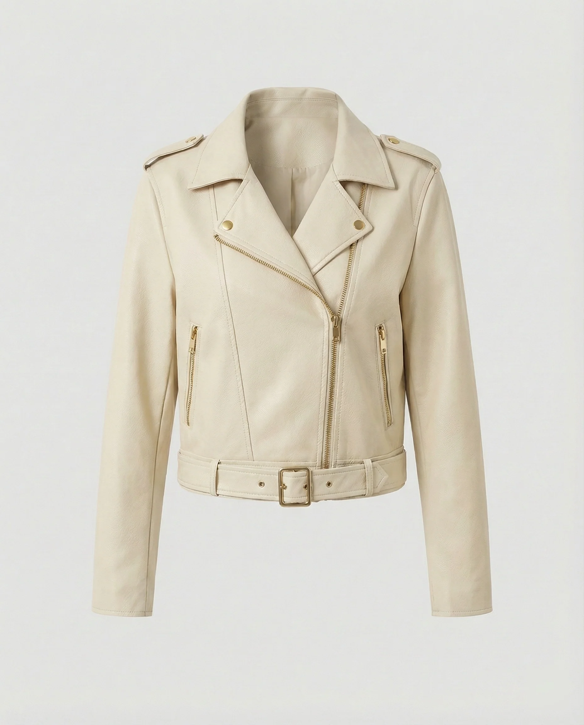 Kurze taillierte Biker-Lederjacke mit Reverskragen und Taillengürtel Heidi-Mode - Image 6