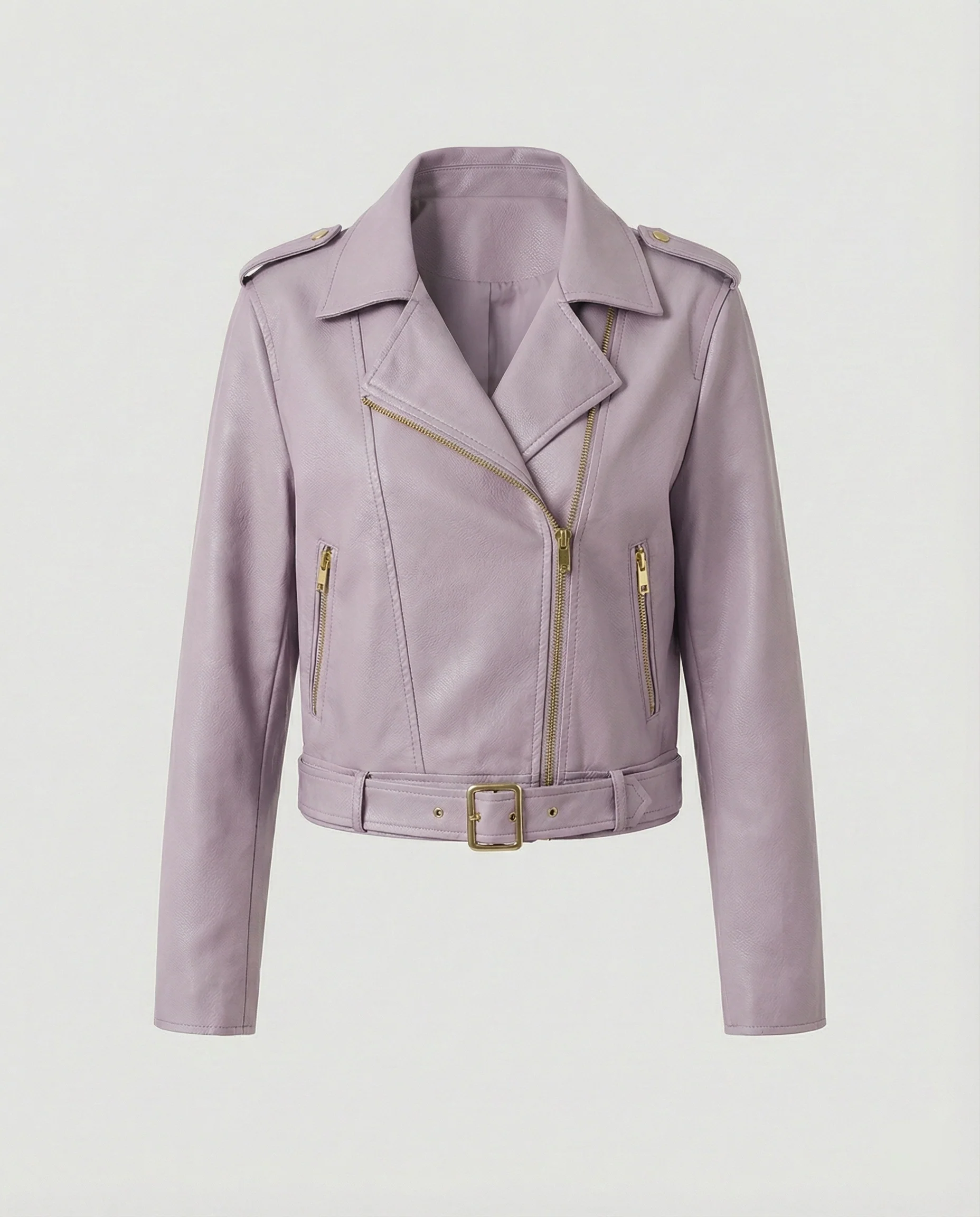 Kurze taillierte Biker-Lederjacke mit Reverskragen und Taillengürtel Heidi-Mode - Image 7