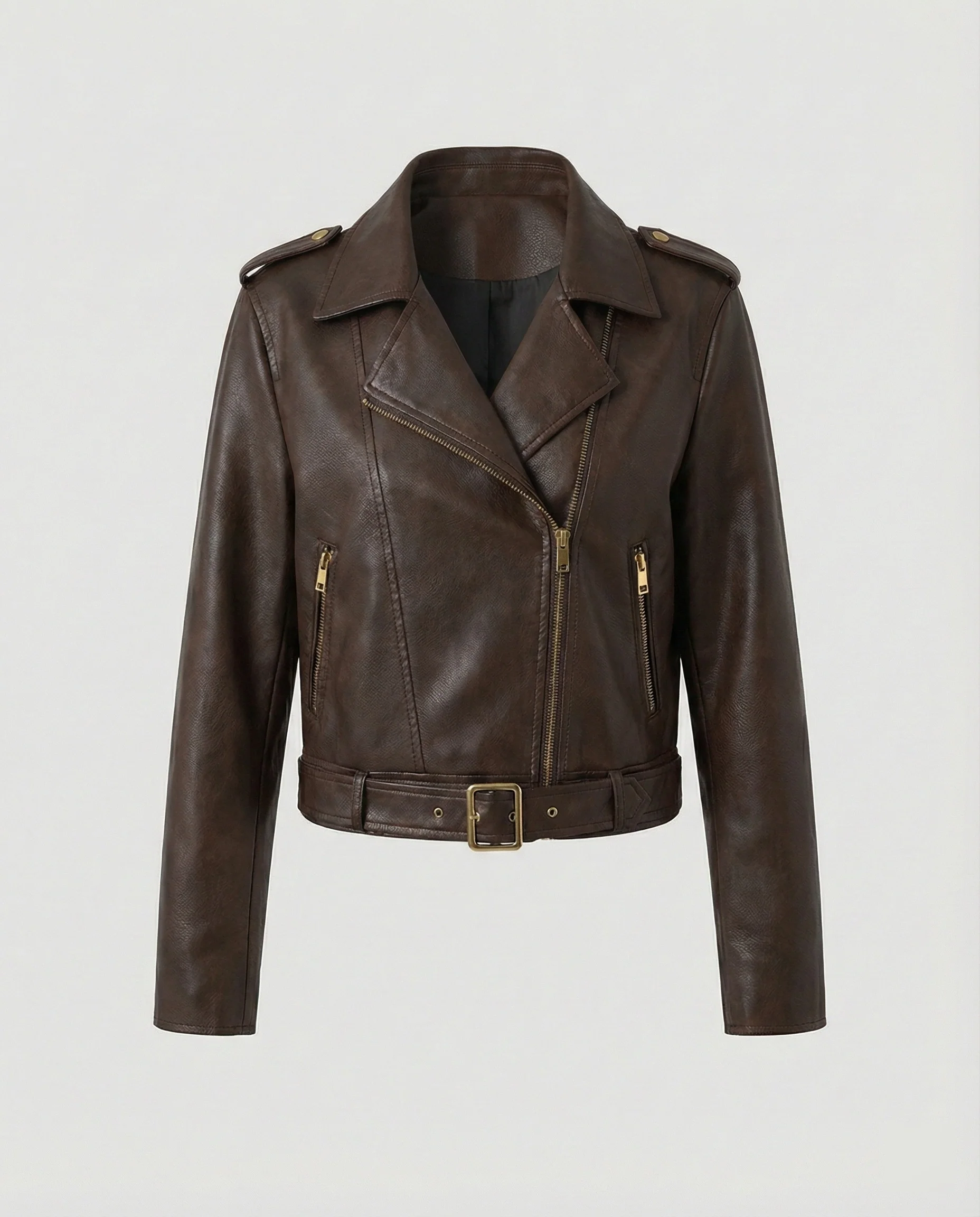 Kurze taillierte Biker-Lederjacke mit Reverskragen und Taillengürtel Heidi-Mode - Image 8