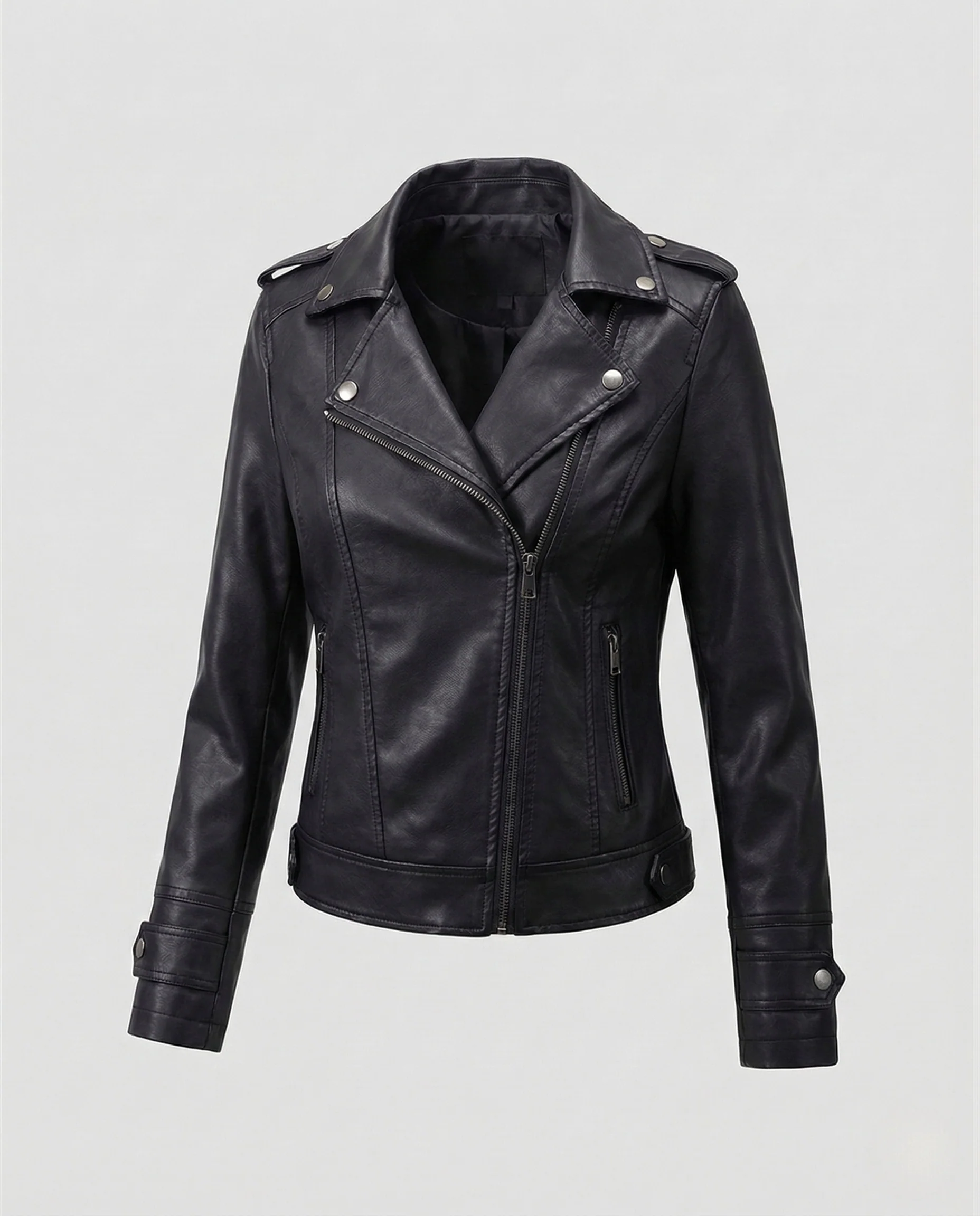 Damen kurze Bikerjacke aus Kunstleder mit asymmetrischem Zipper - Image 6
