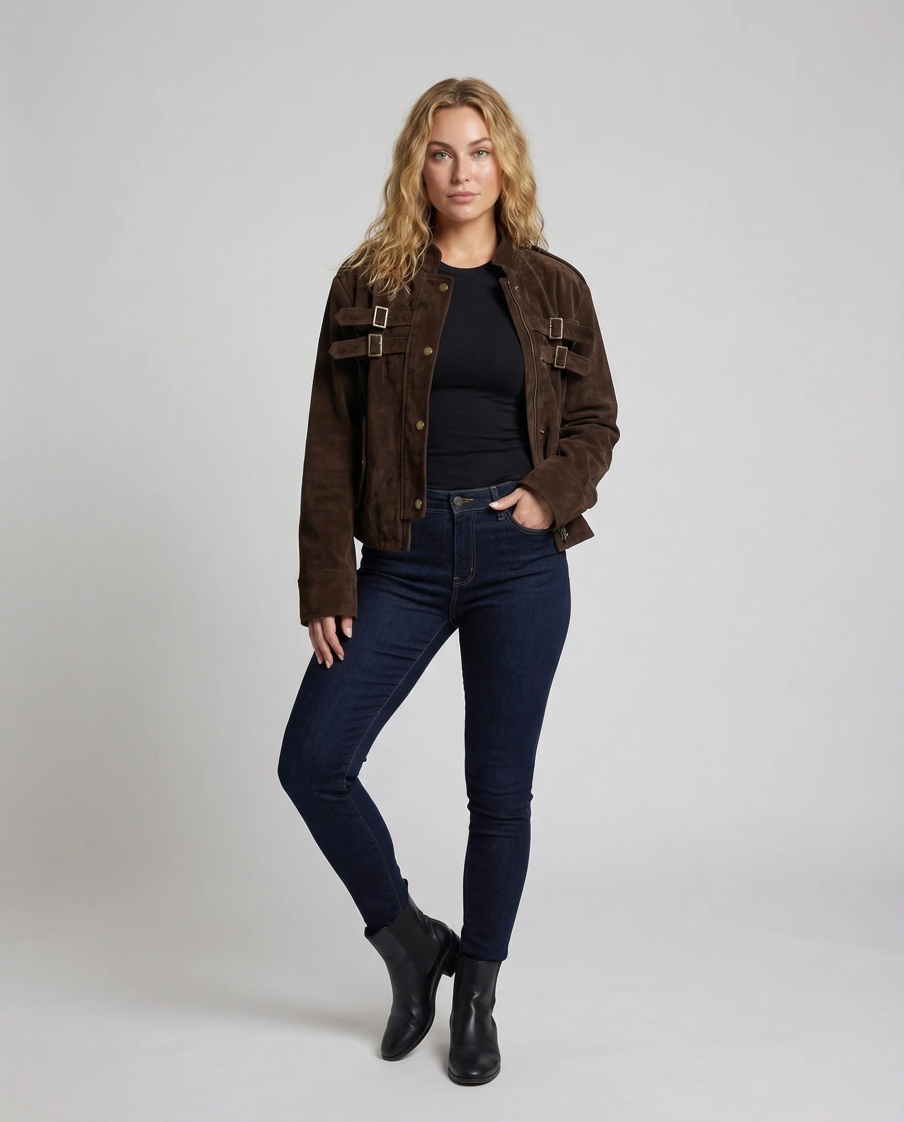 Damen Wildlederjacke Kurz Schnallen