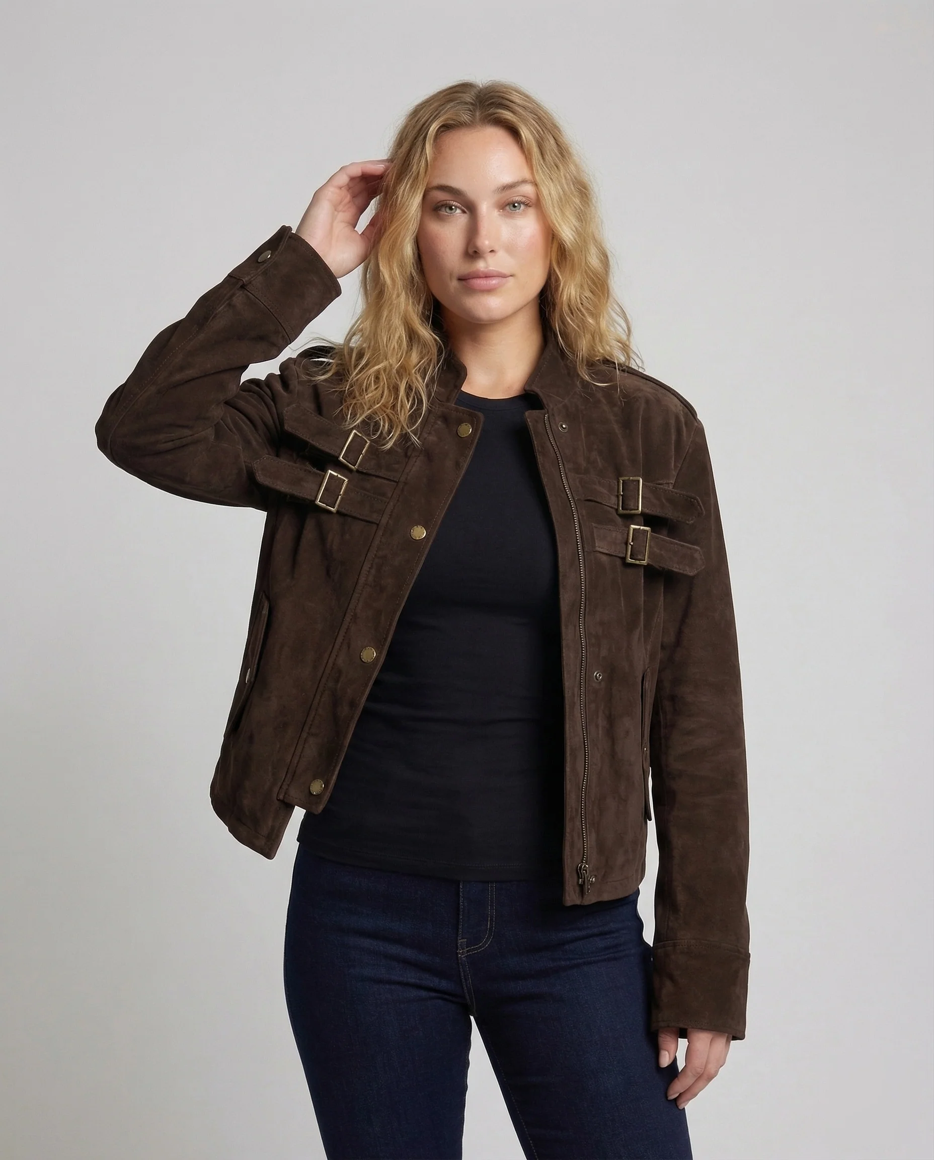 Damen Wildlederjacke Kurz Schnallen - Image 2