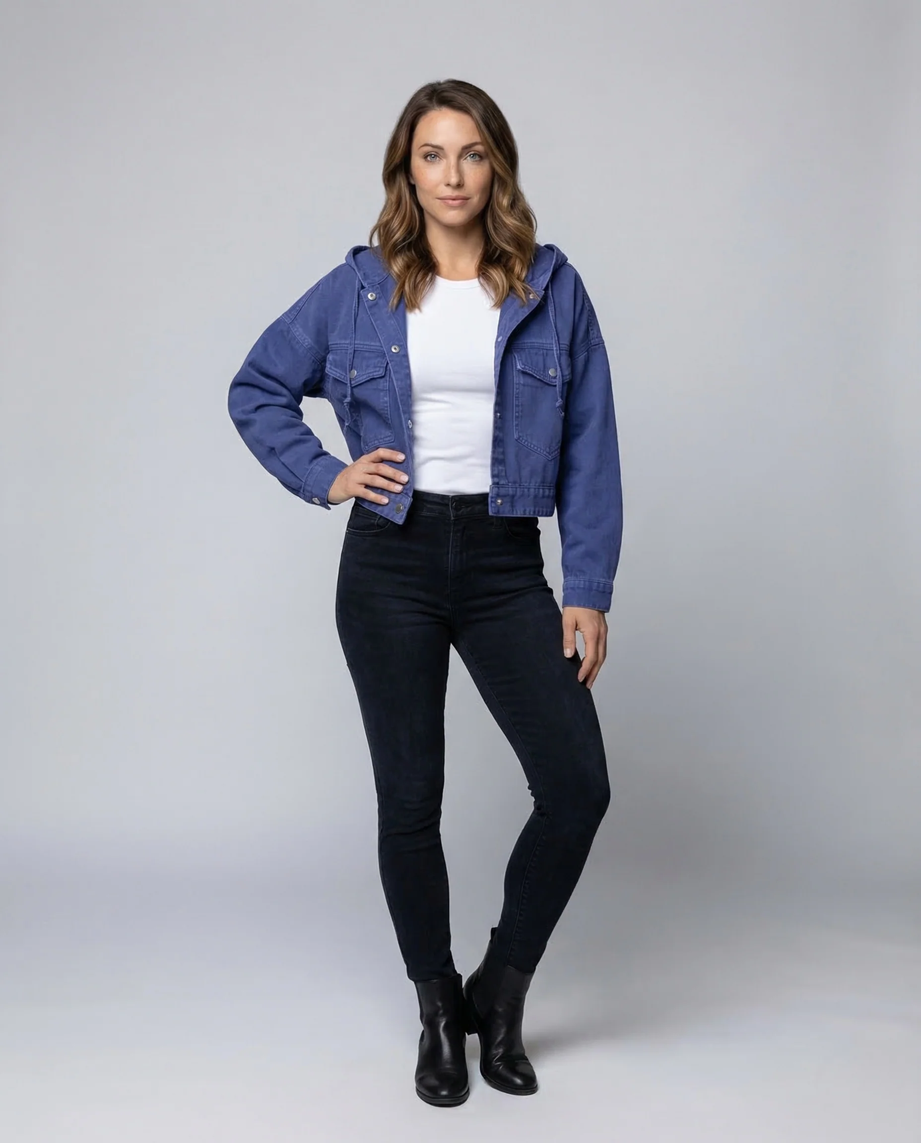 Damen Jeansjacke Kurz Kapuze