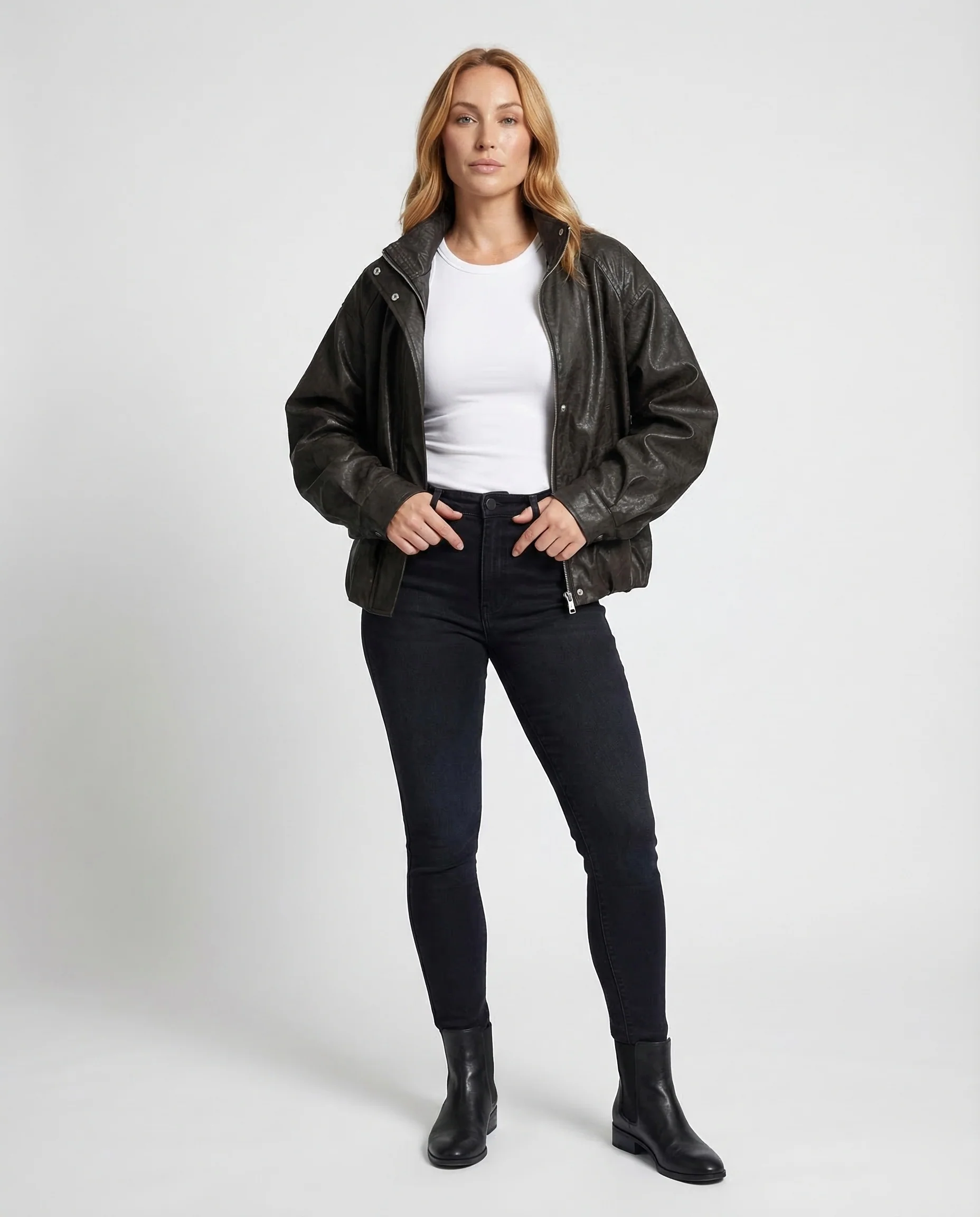 Damen Lederoptik Blouson Ballonärmel