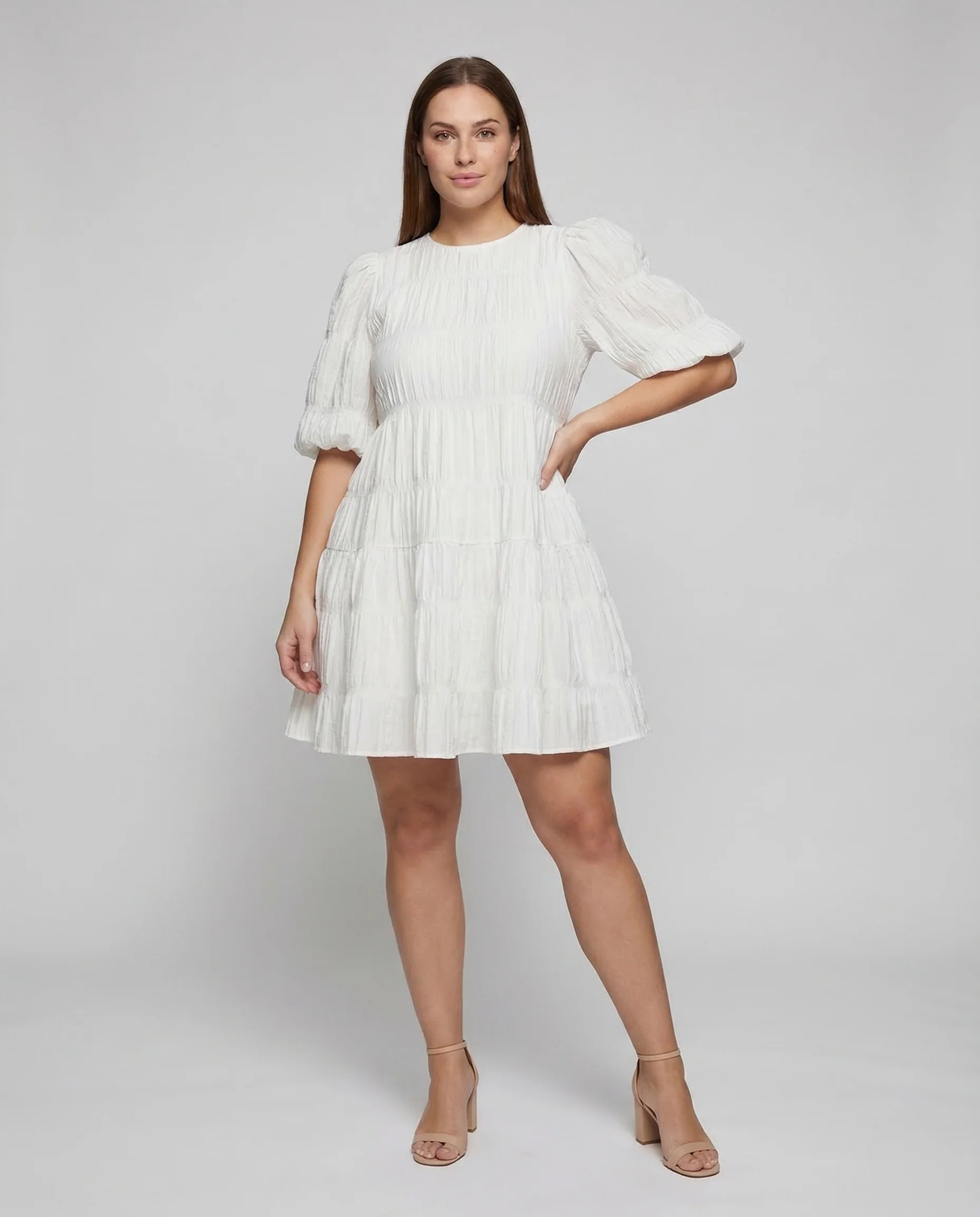 Damen Babydoll Stufenkleid Puffärmel