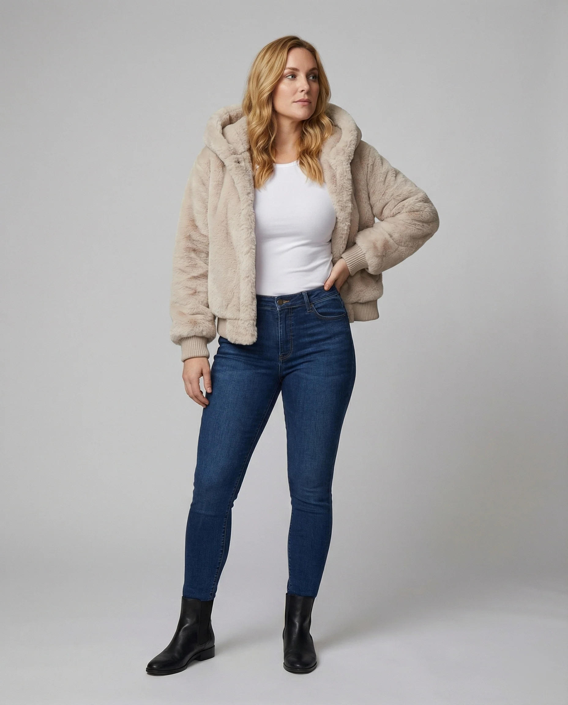 Kuschelige Teddy-Kapuzenjacke mit kastigem Schnitt, kurzem Saum und verdecktem Verschluss Heidi-Mode