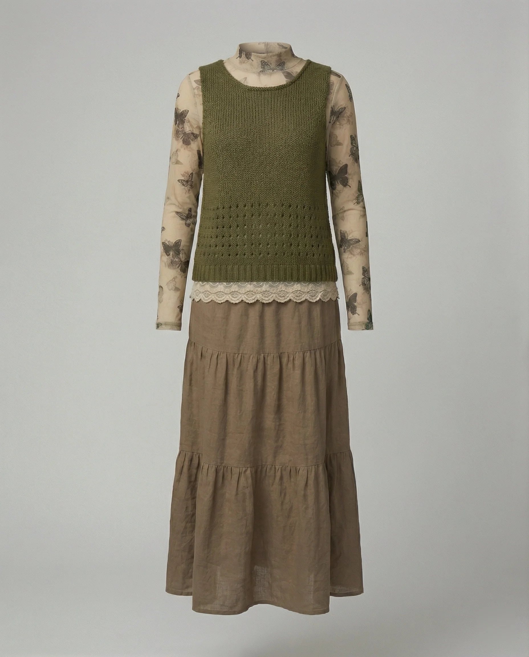 Lagenlook-Set mit Spitzenbluse, gehäkelter Strickweste und Stufenmaxirock Heidi Mode - Image 4