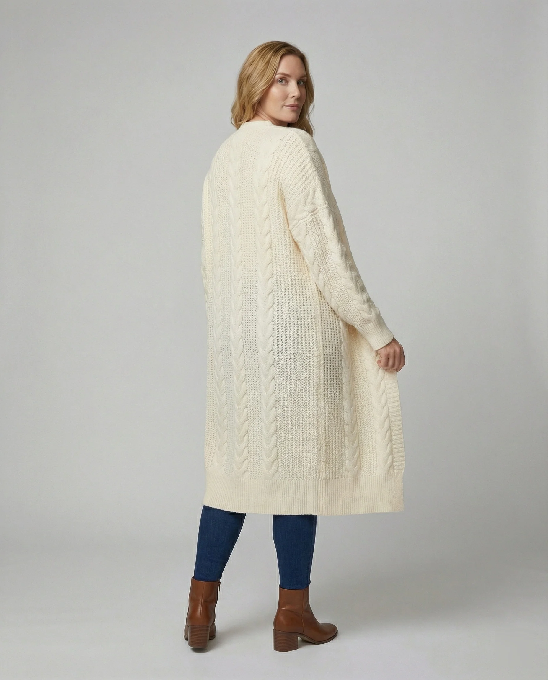 Lange offene Zopfmuster-Strickjacke mit überschnittener Schulter Heidi-Mode - Image 2
