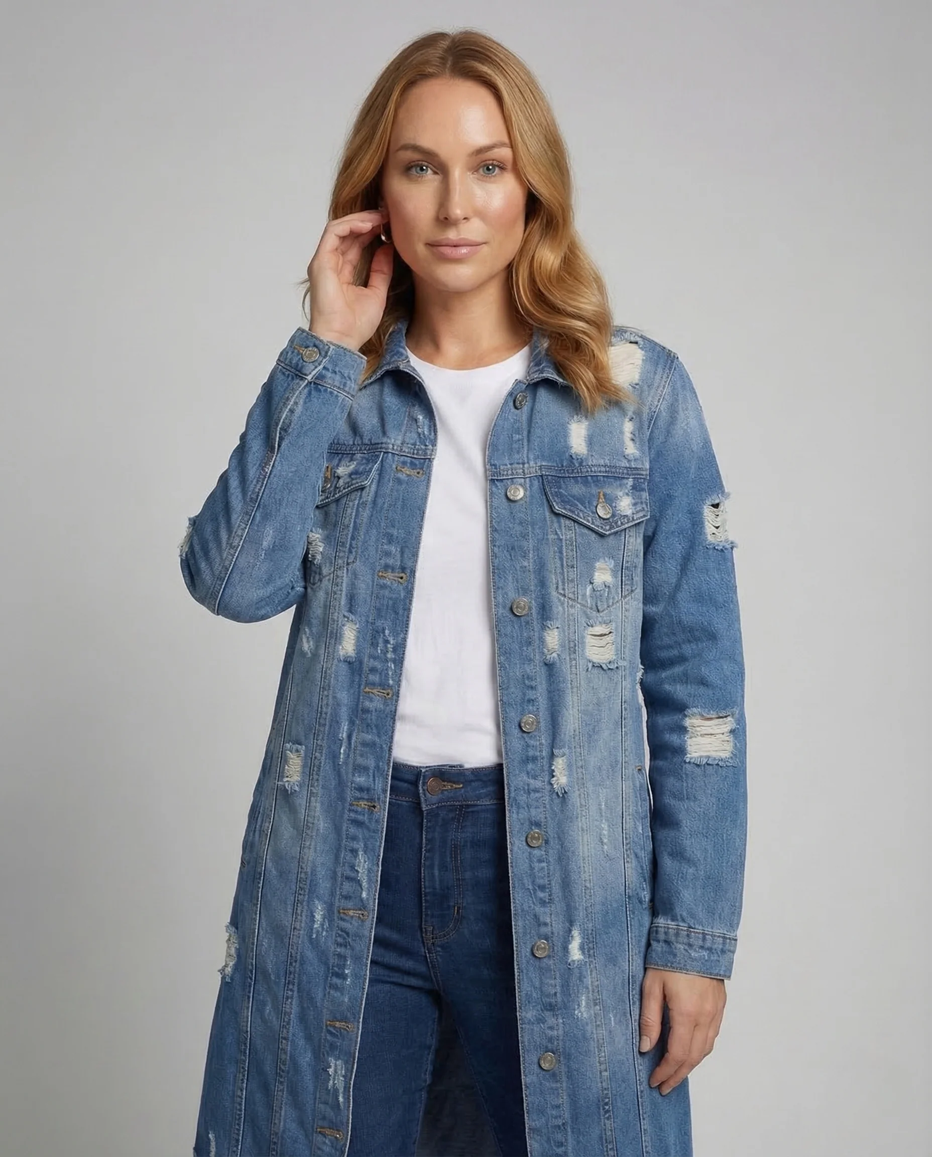 Damen Jeansmantel Lang Fransen - Image 2