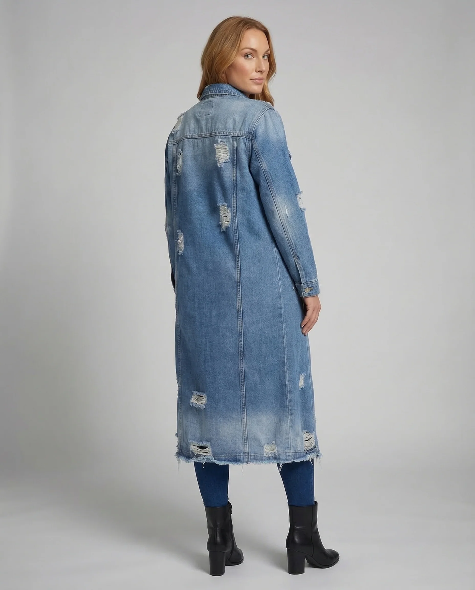 Damen Jeansmantel Lang Fransen - Image 4