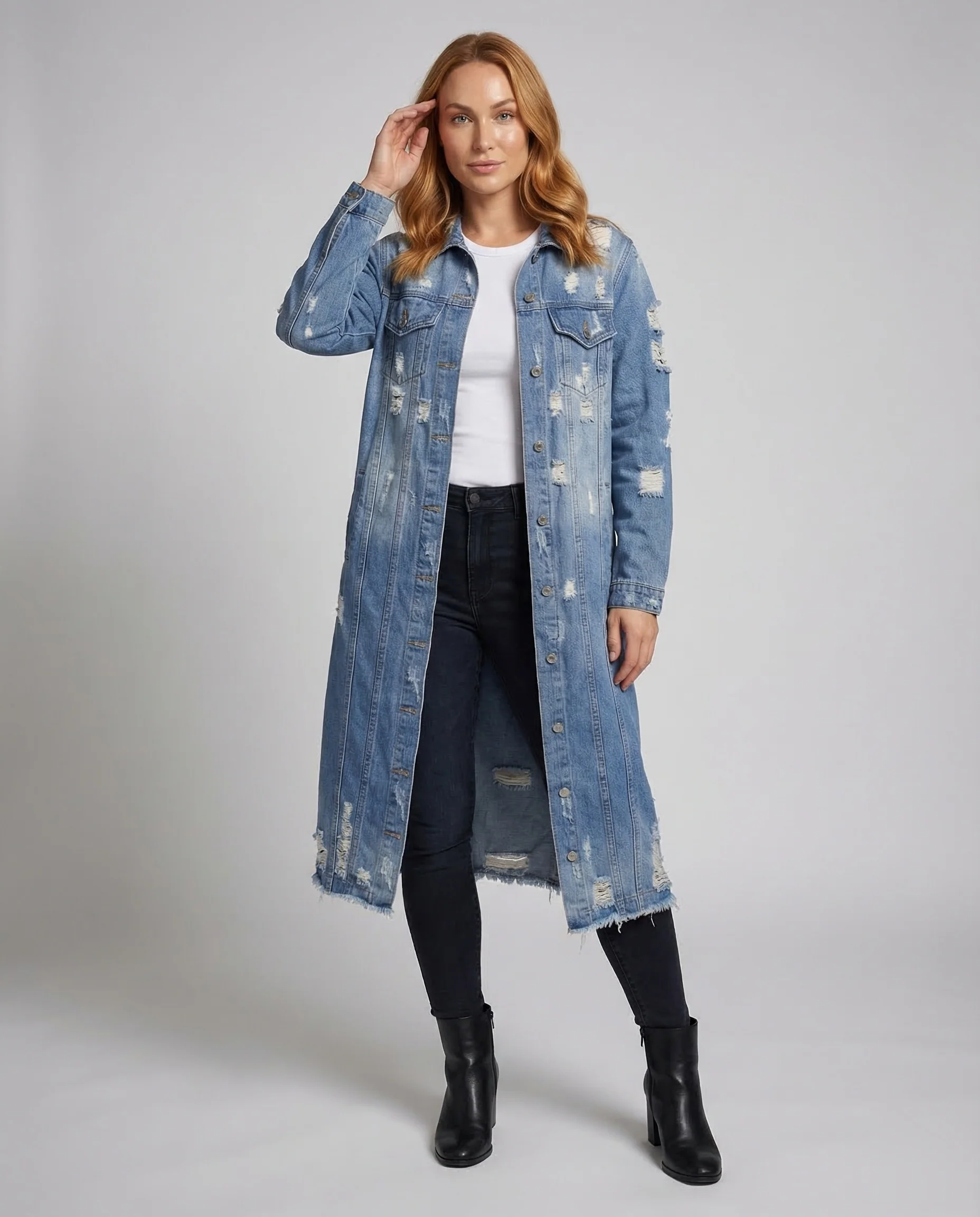 Damen Jeansmantel Lang Taschen