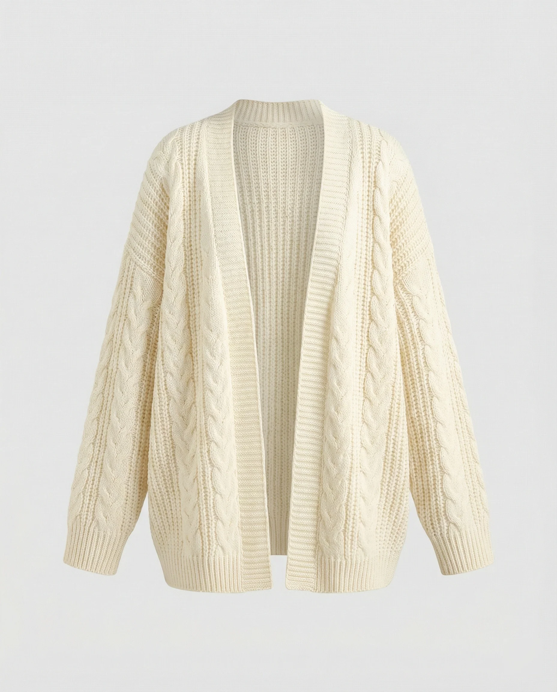 Langer offener Zopfmuster-Mantelcardigan mit voluminösen Glockenärmeln und geripptem Saum Heidi-Mode - Image 5