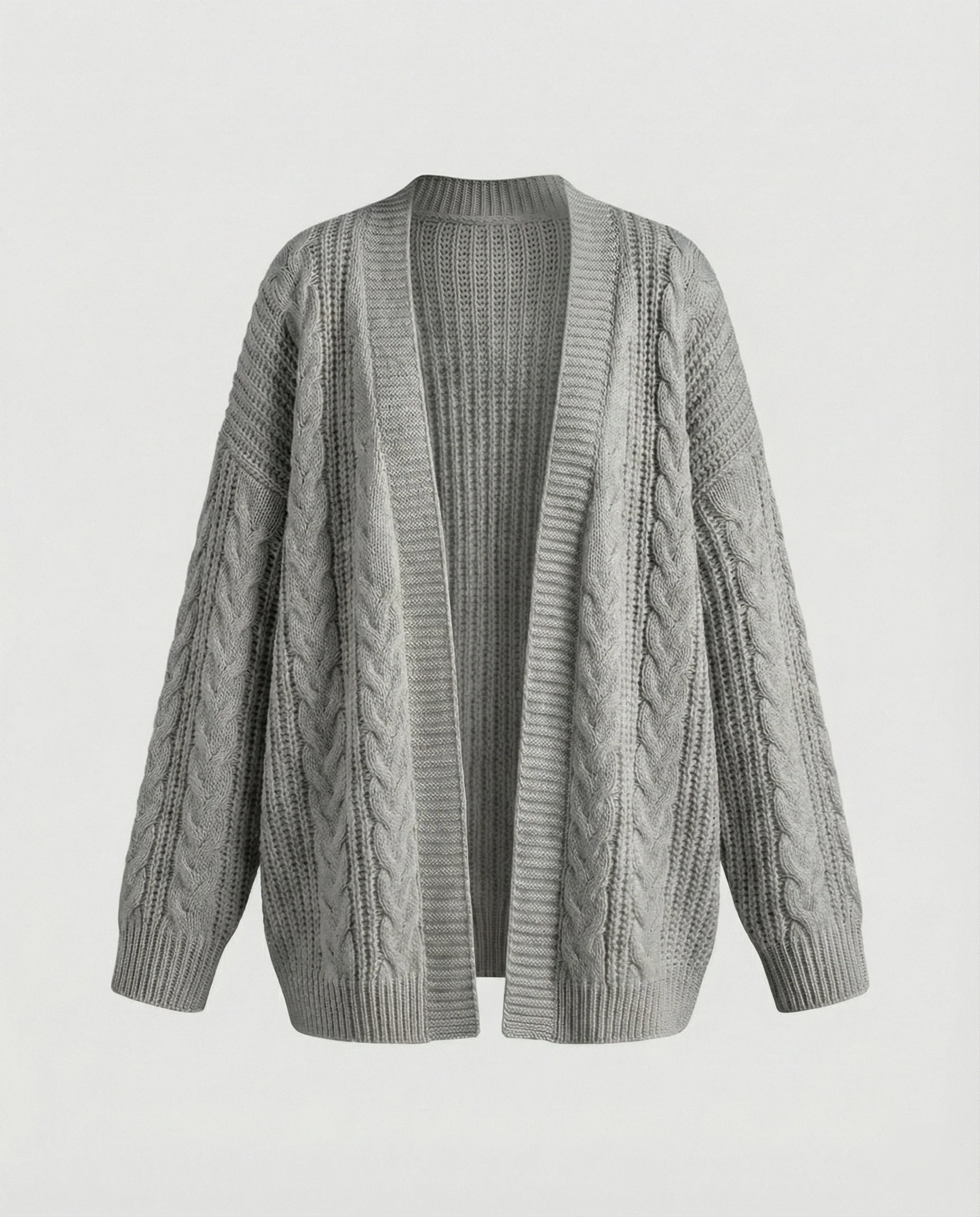 Langer offener Zopfmuster-Mantelcardigan mit voluminösen Glockenärmeln und geripptem Saum Heidi-Mode - Image 7