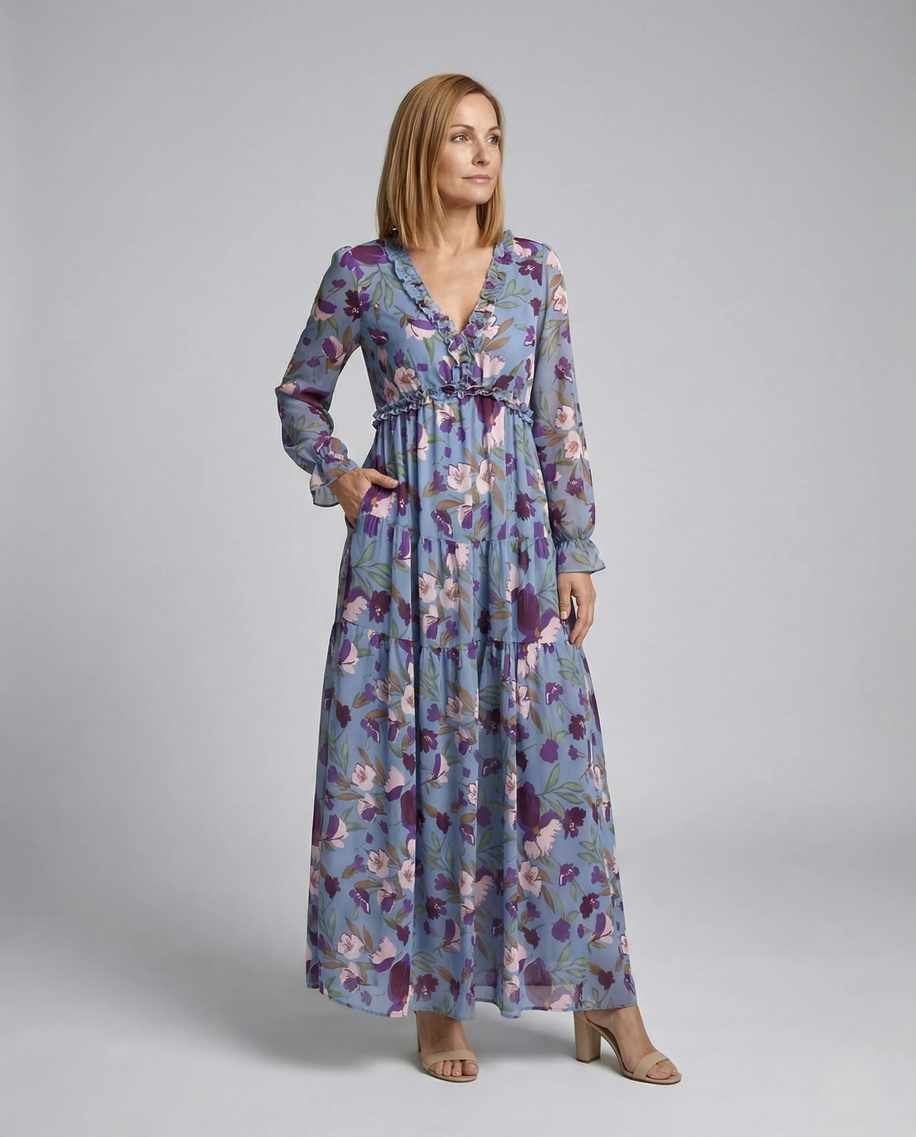 Damen Maxikleid Sommer floral mit Gürtel