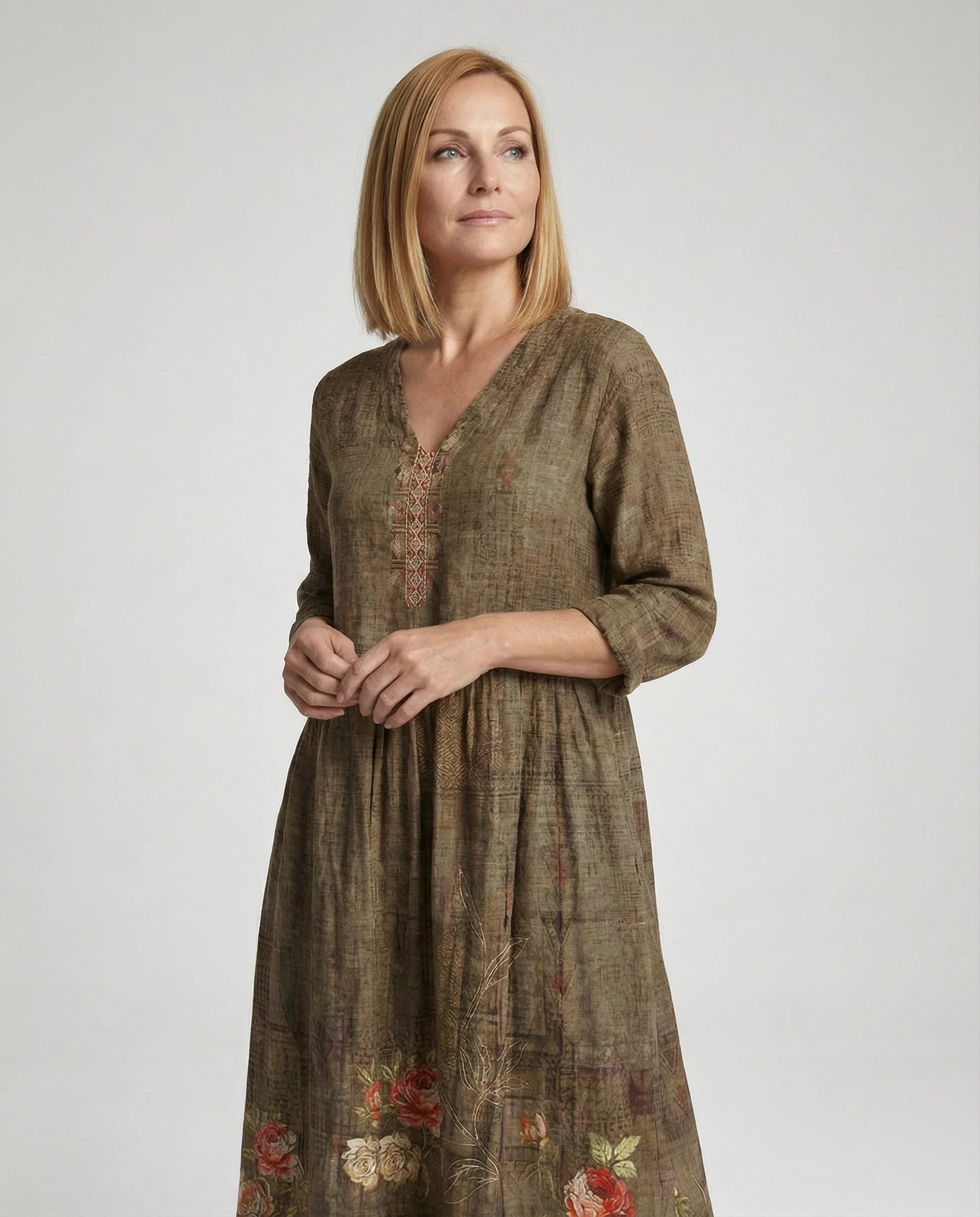 Damen Maxikleid Sommer Leinenoptik V-Ausschnitt - Image 38