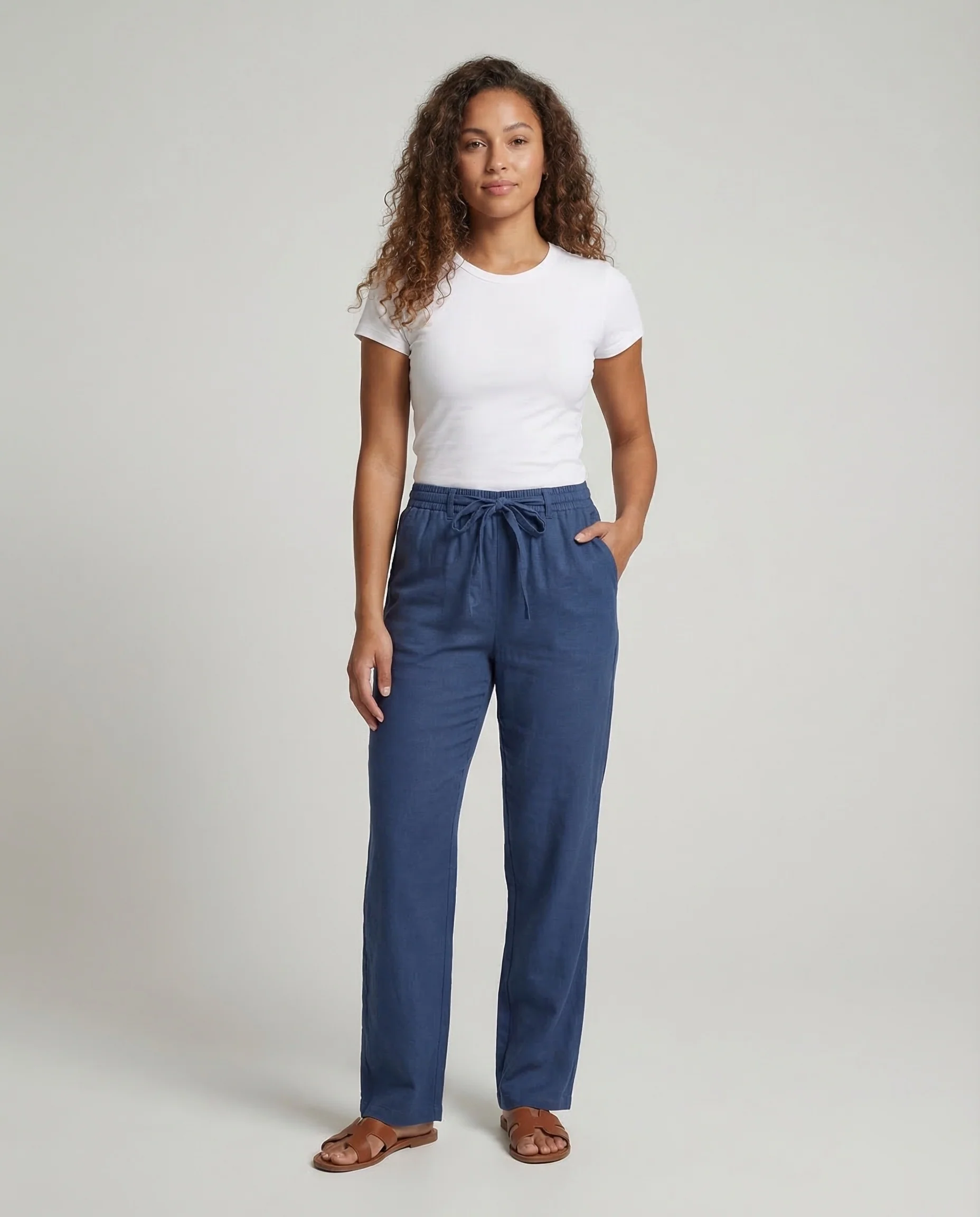 Damen Leinenhose Weit Tunnelzug