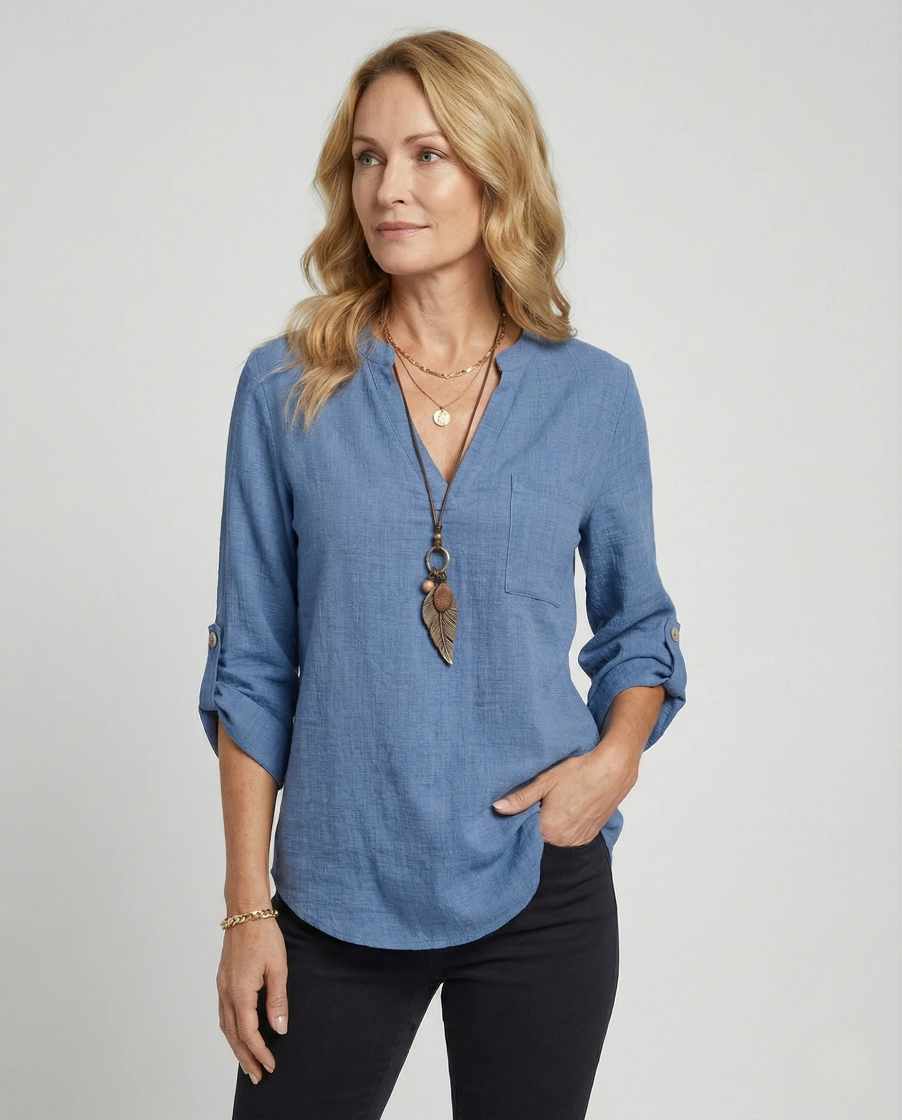 Damen Tunika Bluse mit Brusttasche - Image 2