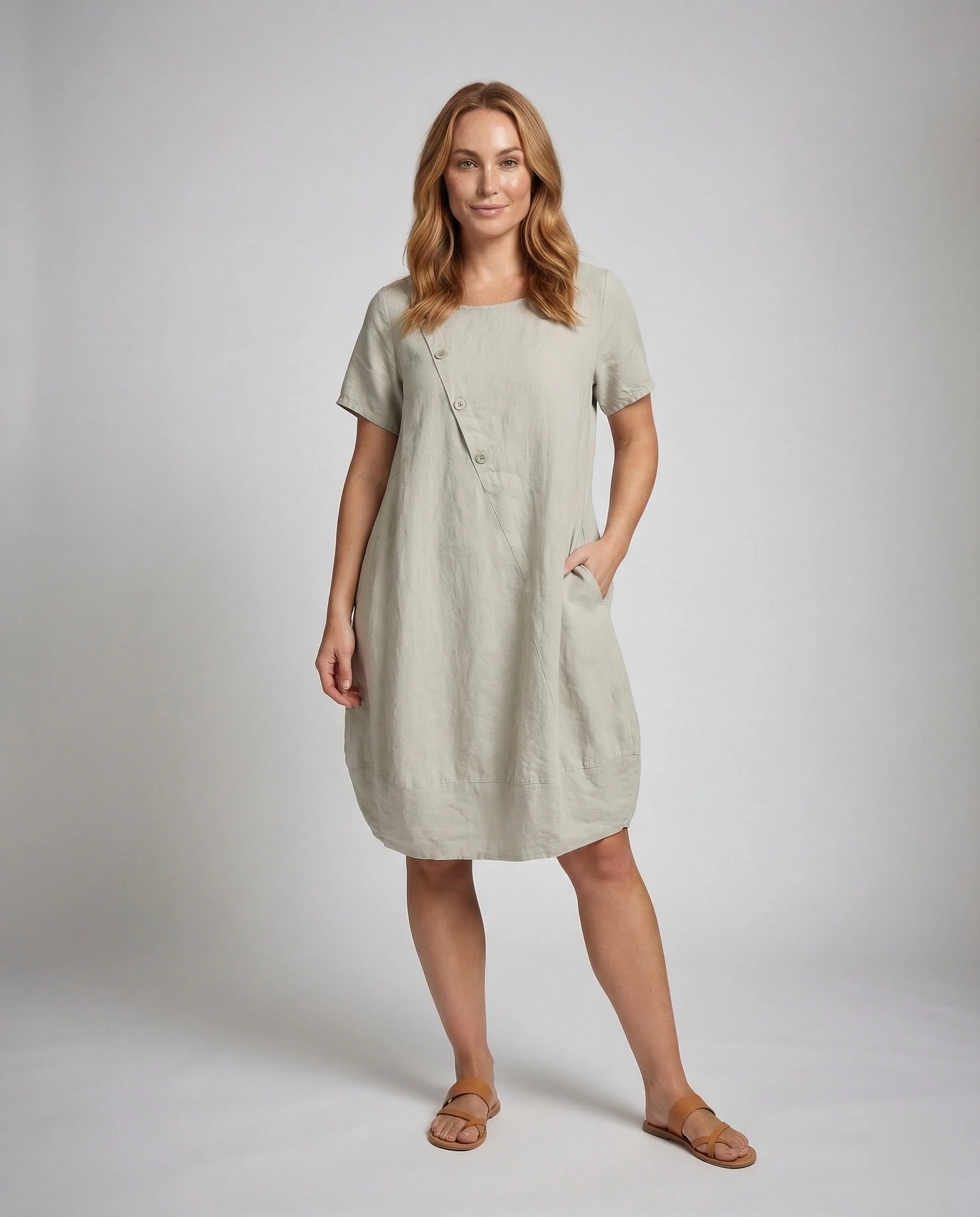 Damen Leinen Kurzkleid in A-Linie mit Taschen