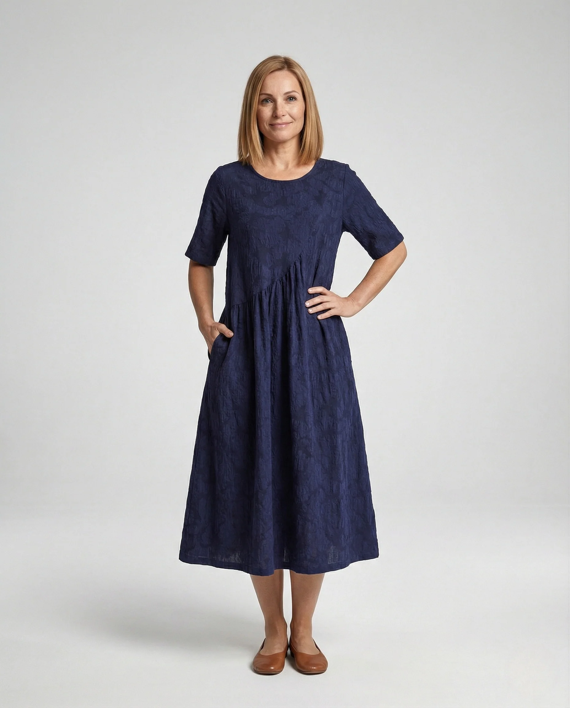 Damen A-Linien Midikleid aus Jacquard mit Taschen