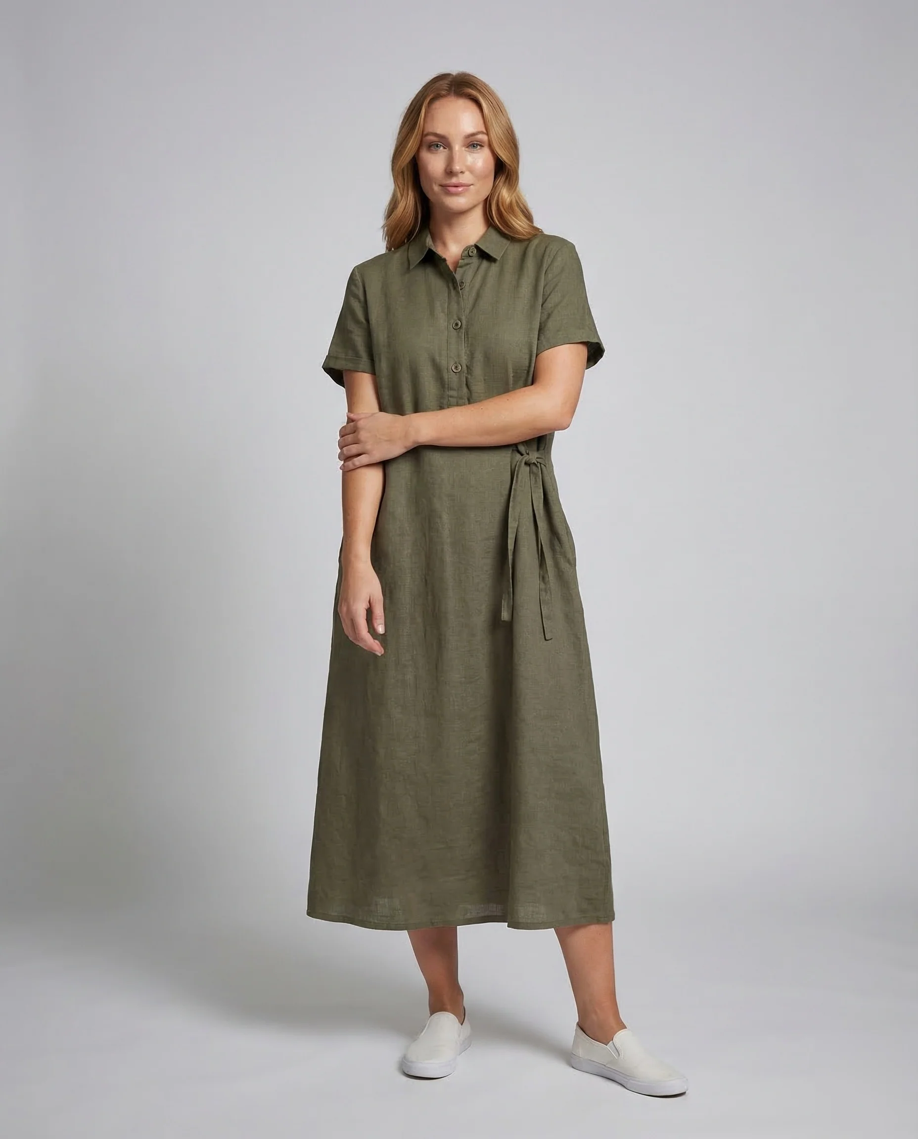 Damen Leinenkleid Polo Gürtel