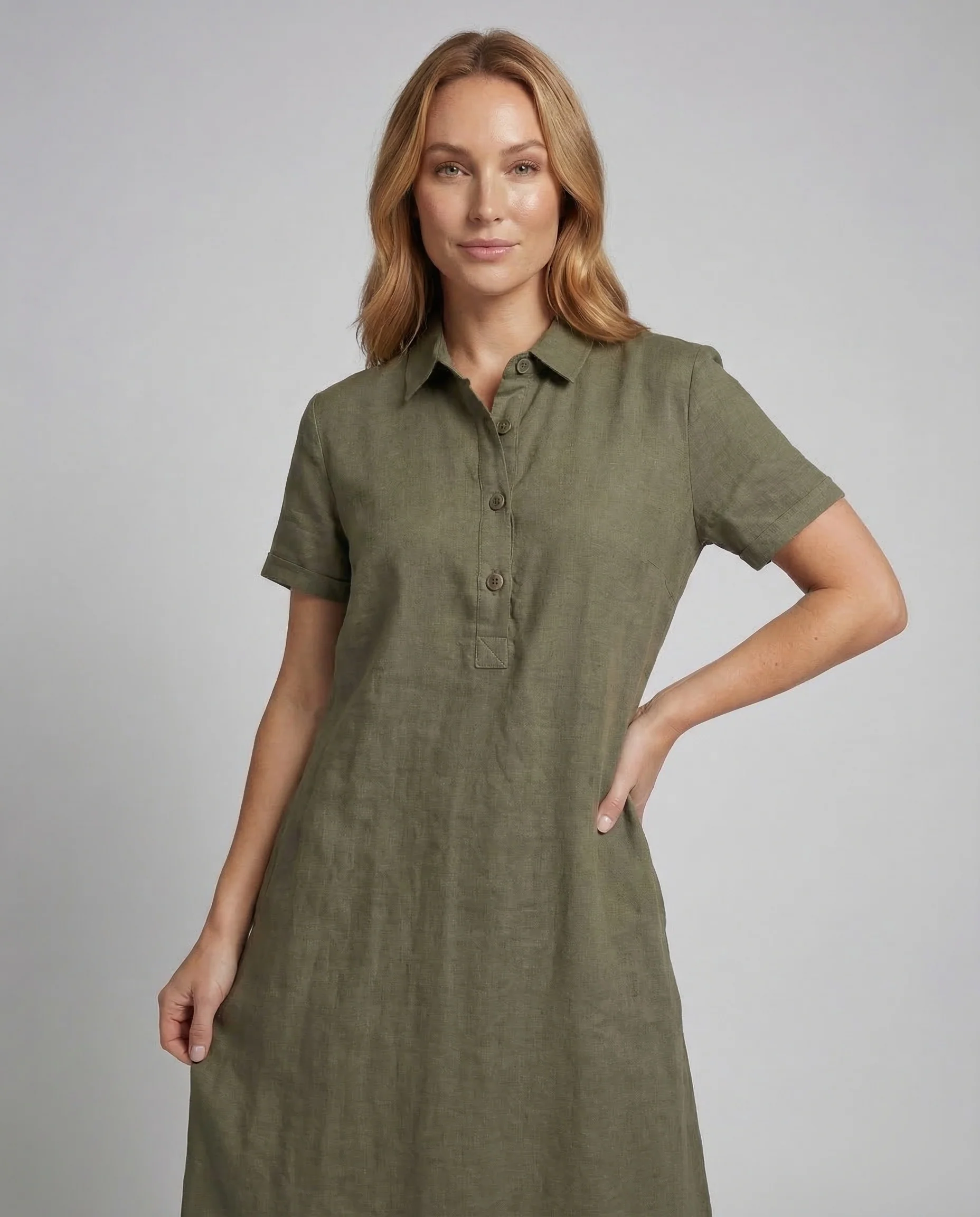 Damen Leinenkleid Polo Gürtel - Image 2