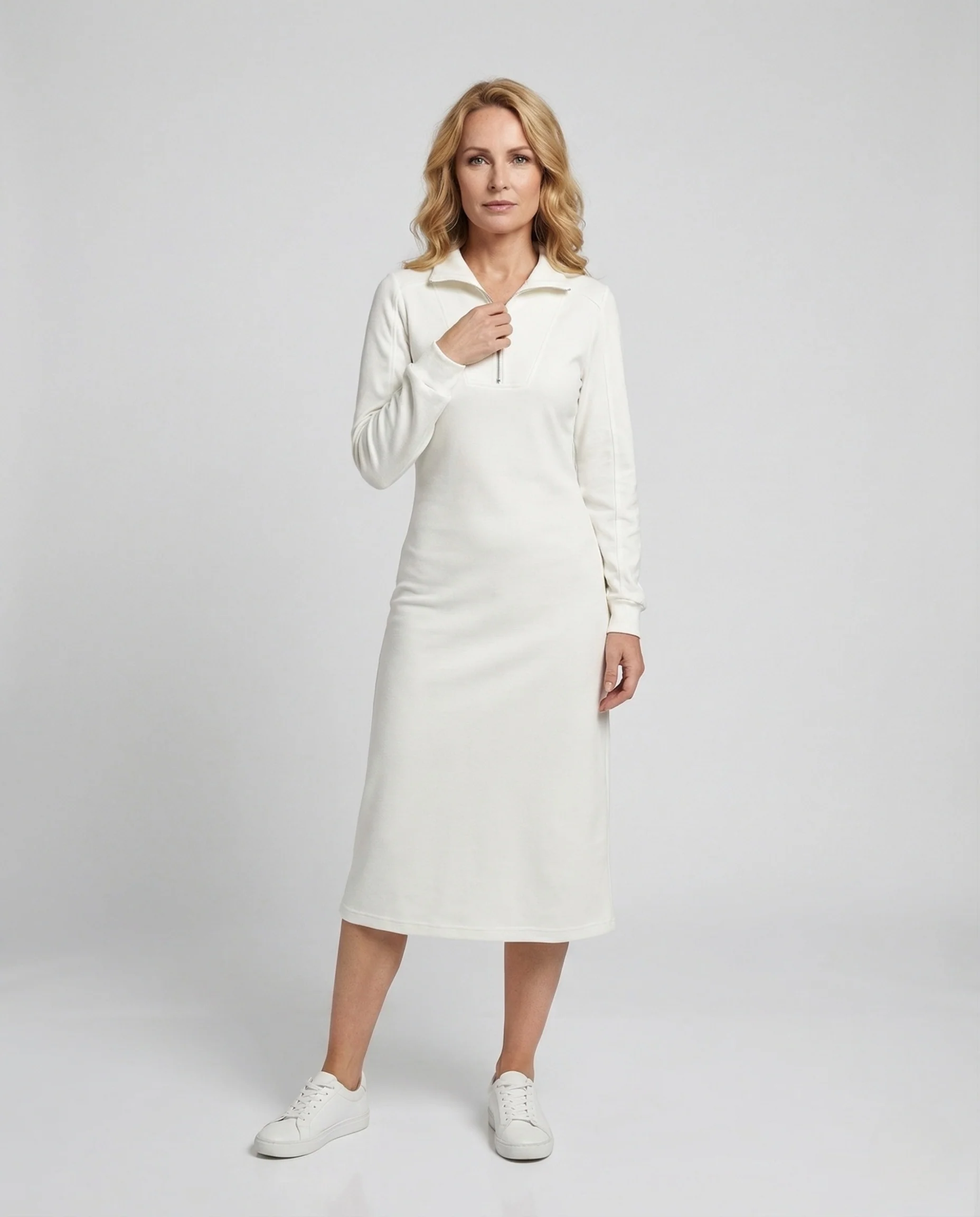 Damen Feinstrick Midikleid mit V-Ausschnitt Langarm Kleid
