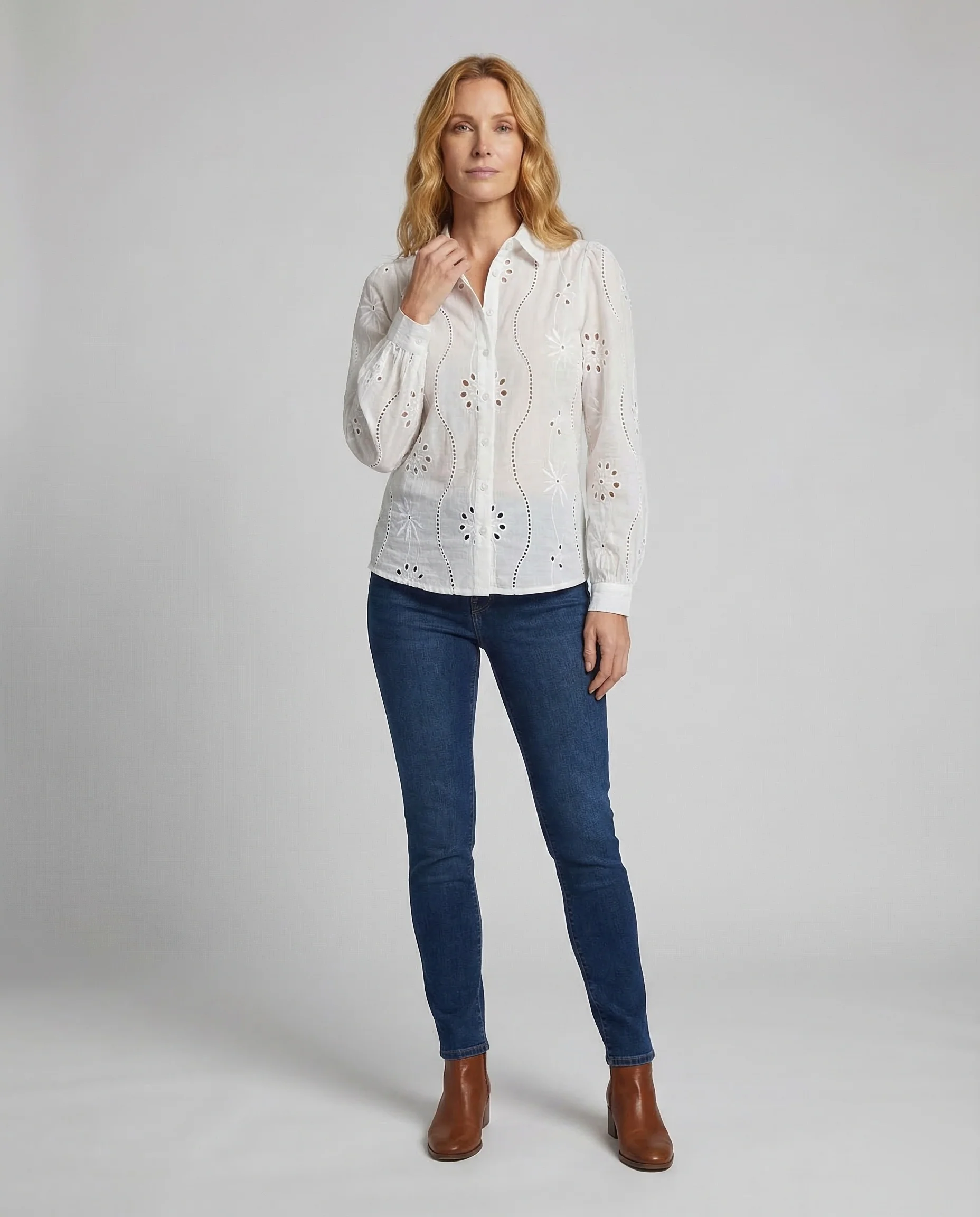 Damen Lochstickerei Bluse