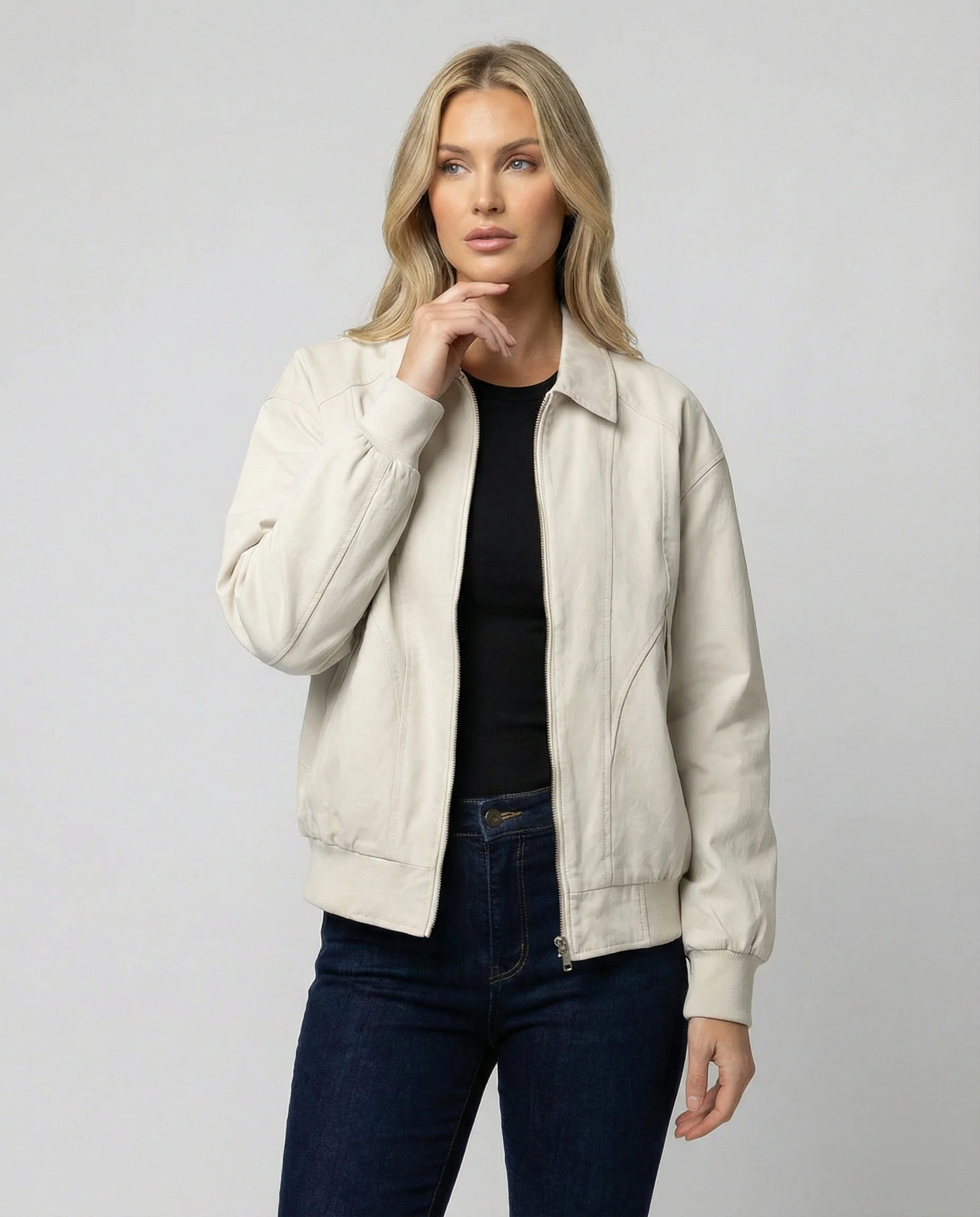 Damen leichte Blousonjacke aus Baumwollmix mit Hemdkragen, Ziernähten und elastischem Bund Heidi-Mode