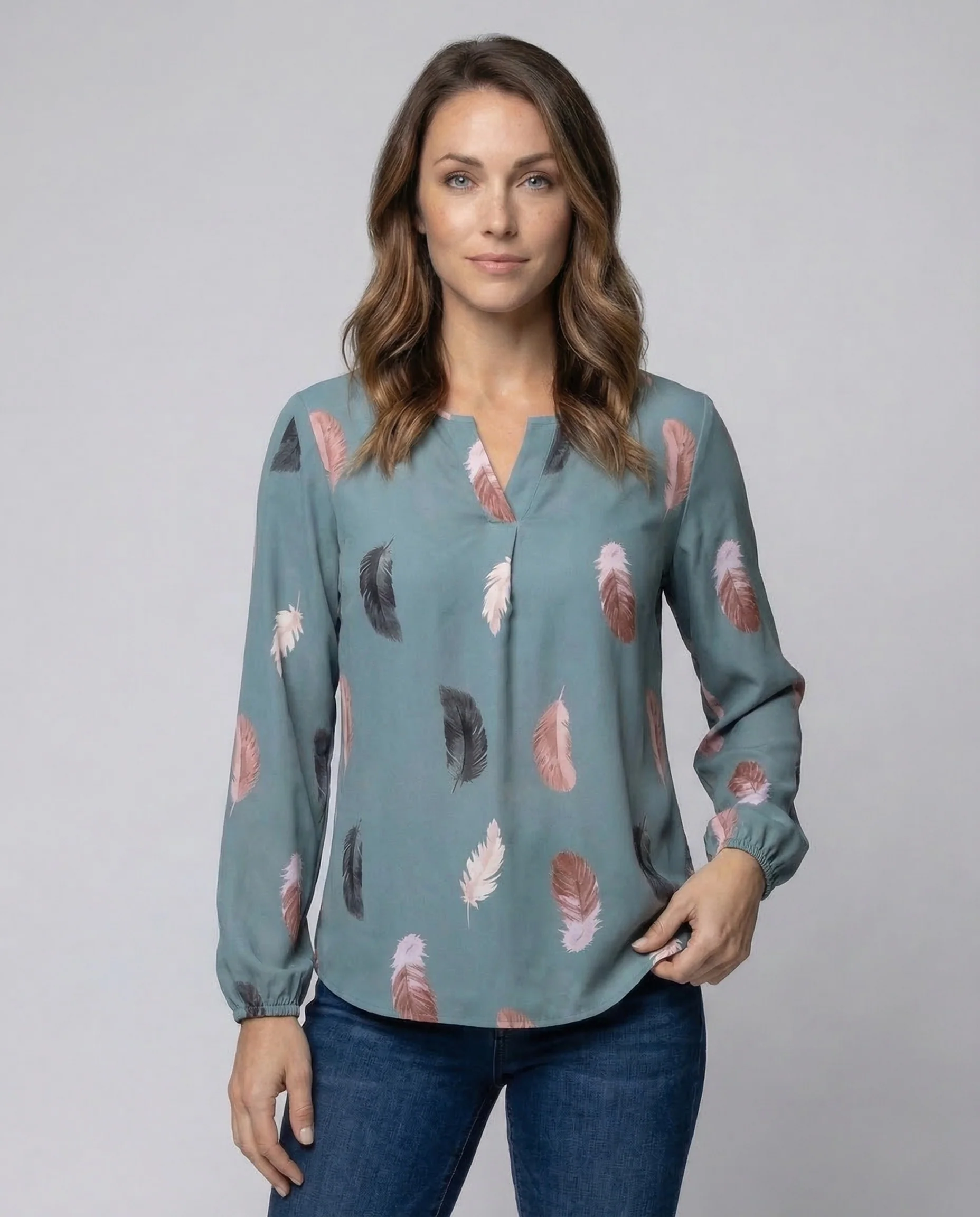 Damen Chiffonbluse Federmotiv Ballonärmel - Image 2