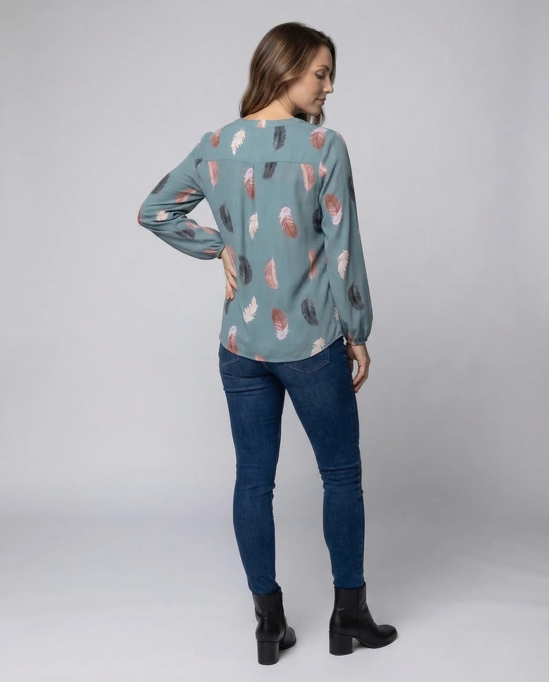 Damen Chiffonbluse Federmotiv Ballonärmel - Image 4