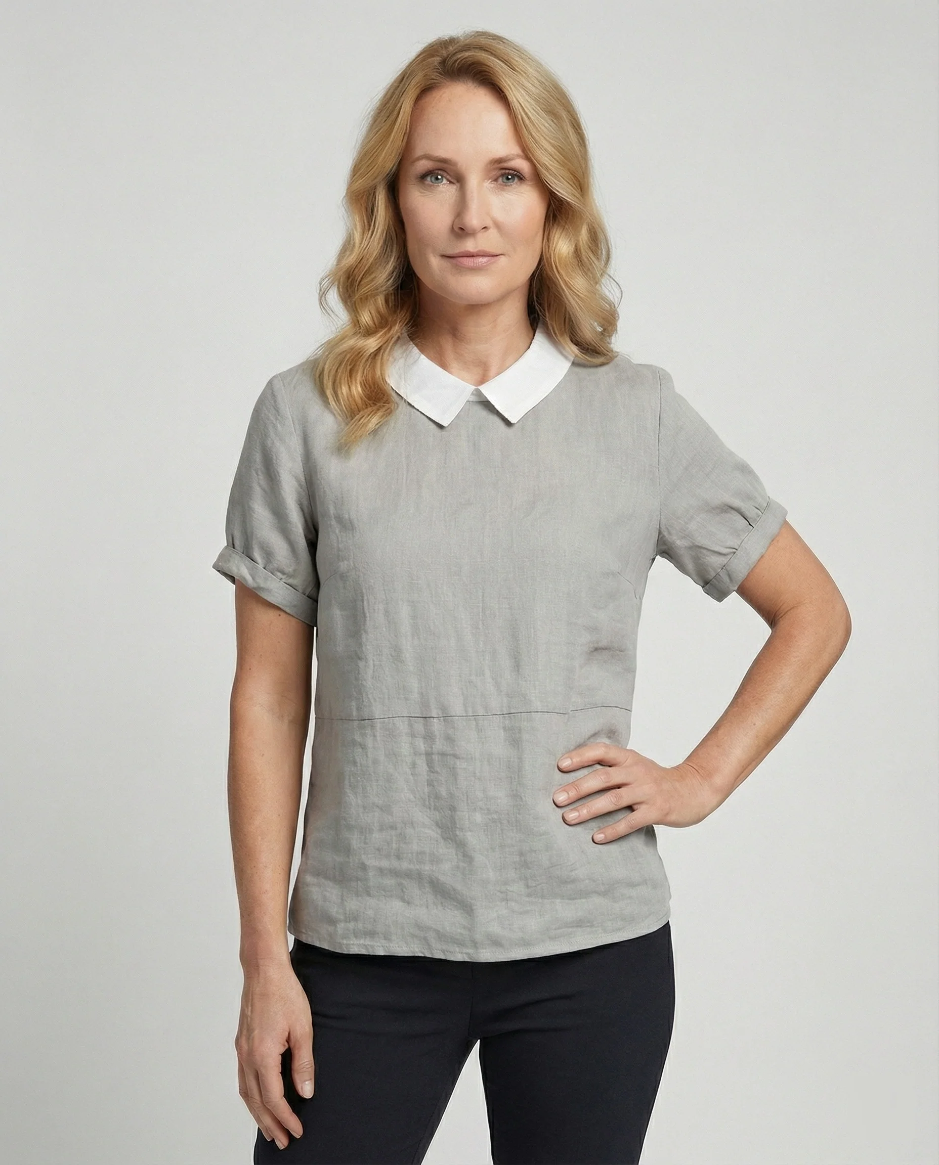 Damen Bluse Leinen Peter Pan Kragen - Image 50