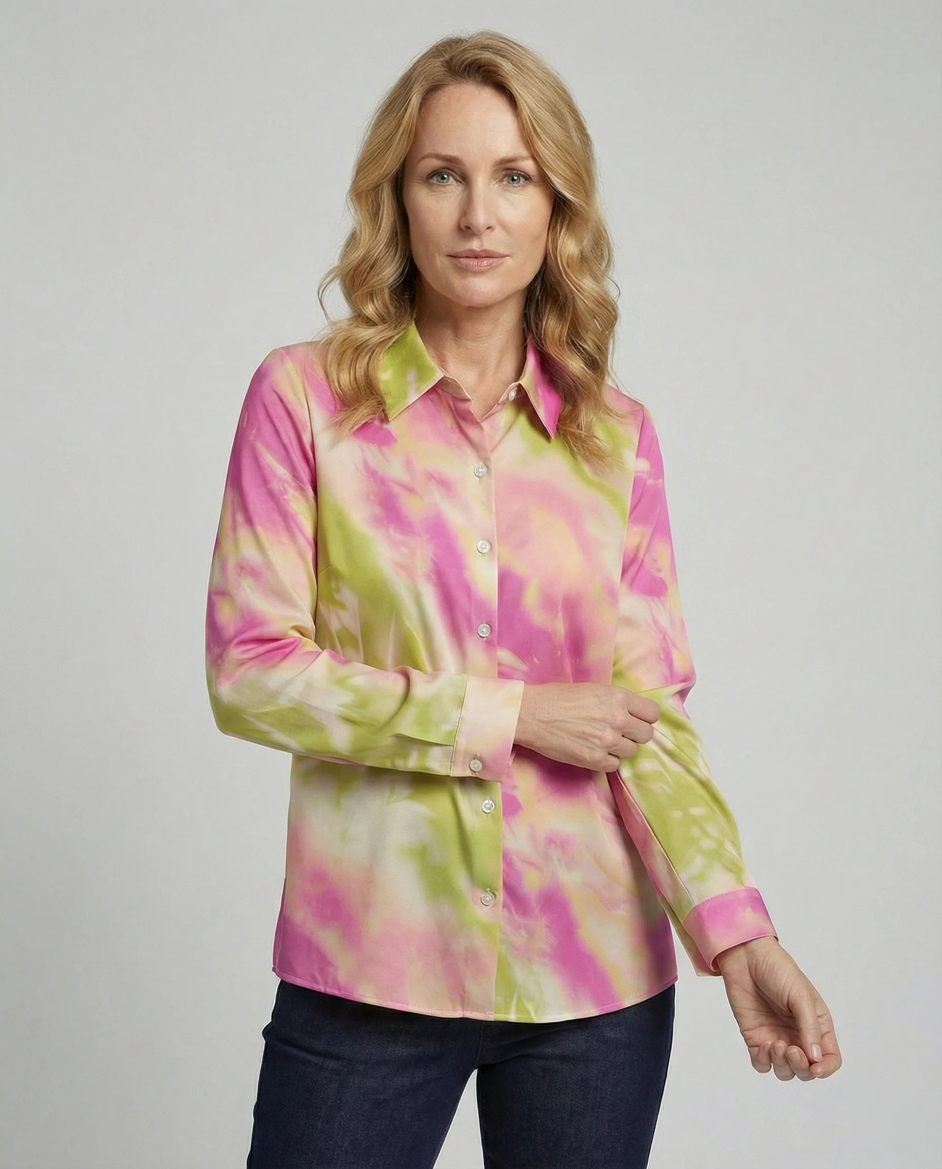 Damen Blusentop Viskose Batik mit Kentkragen