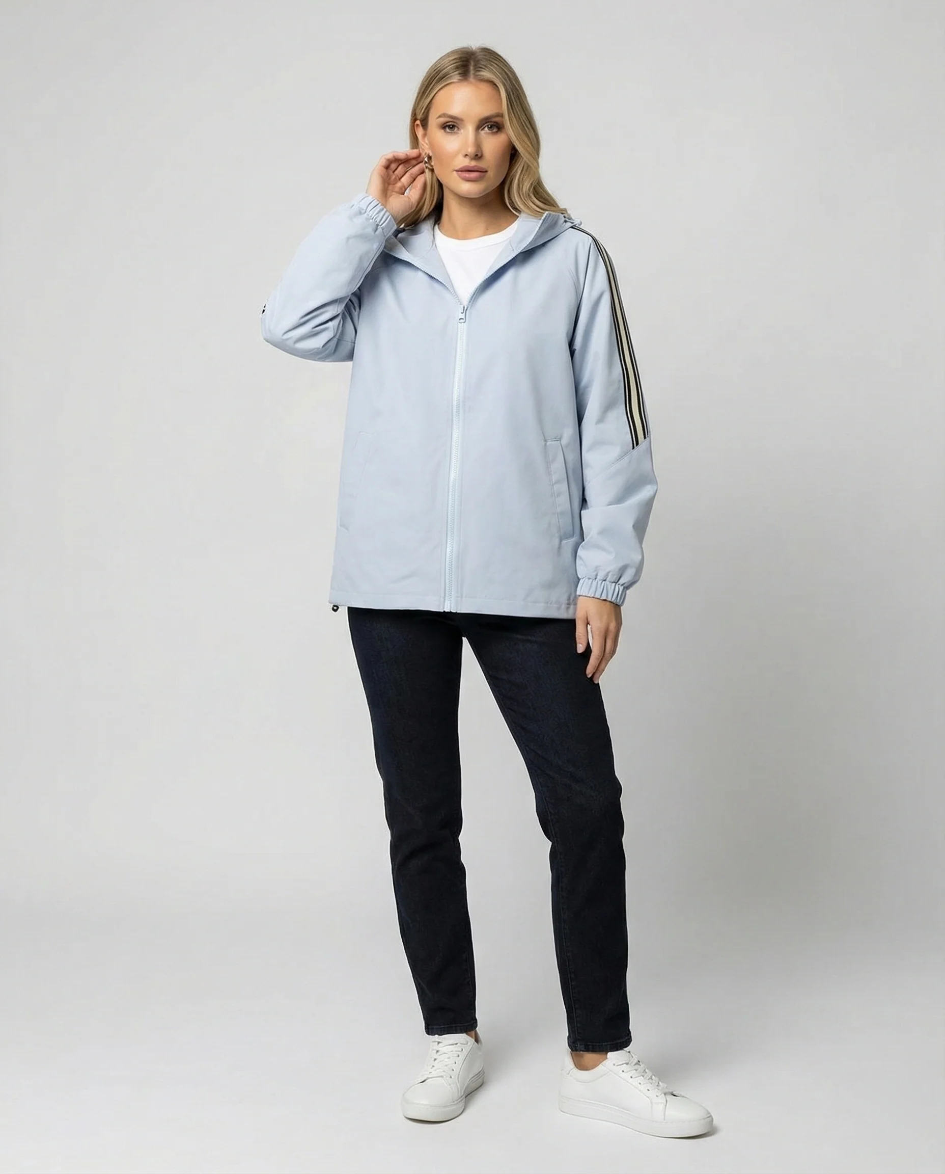 Damen leichte winddichte Kapuzenjacke im Oversize-Sportstil mit Kontraststreifen Heidi-Mode - Image 2