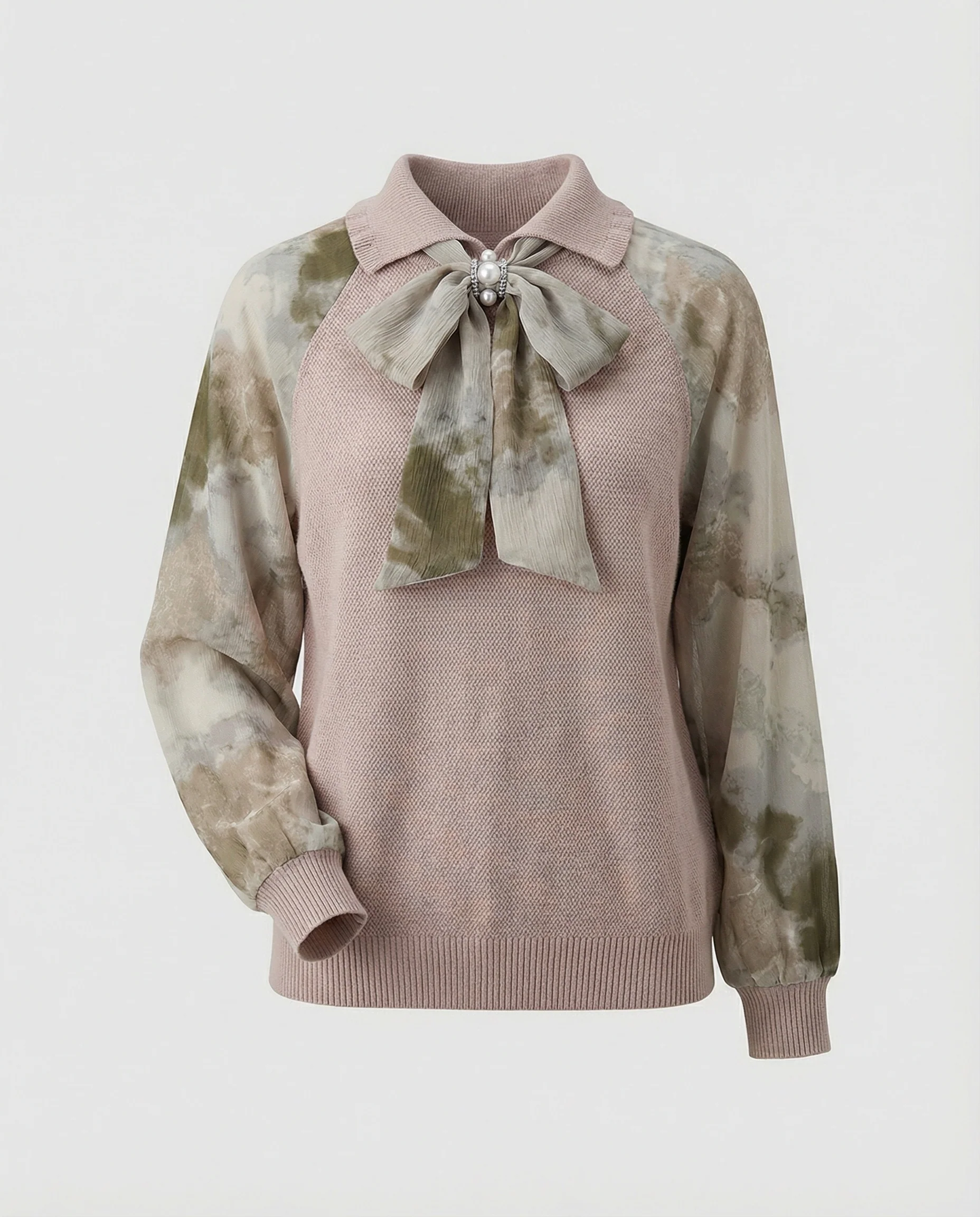 Leichter Strukturstrickpullover mit dekorativem Schleifenkragen, transparenten Chiffonärmeln und Schmuckbrosche Heidi Mode - Image 3
