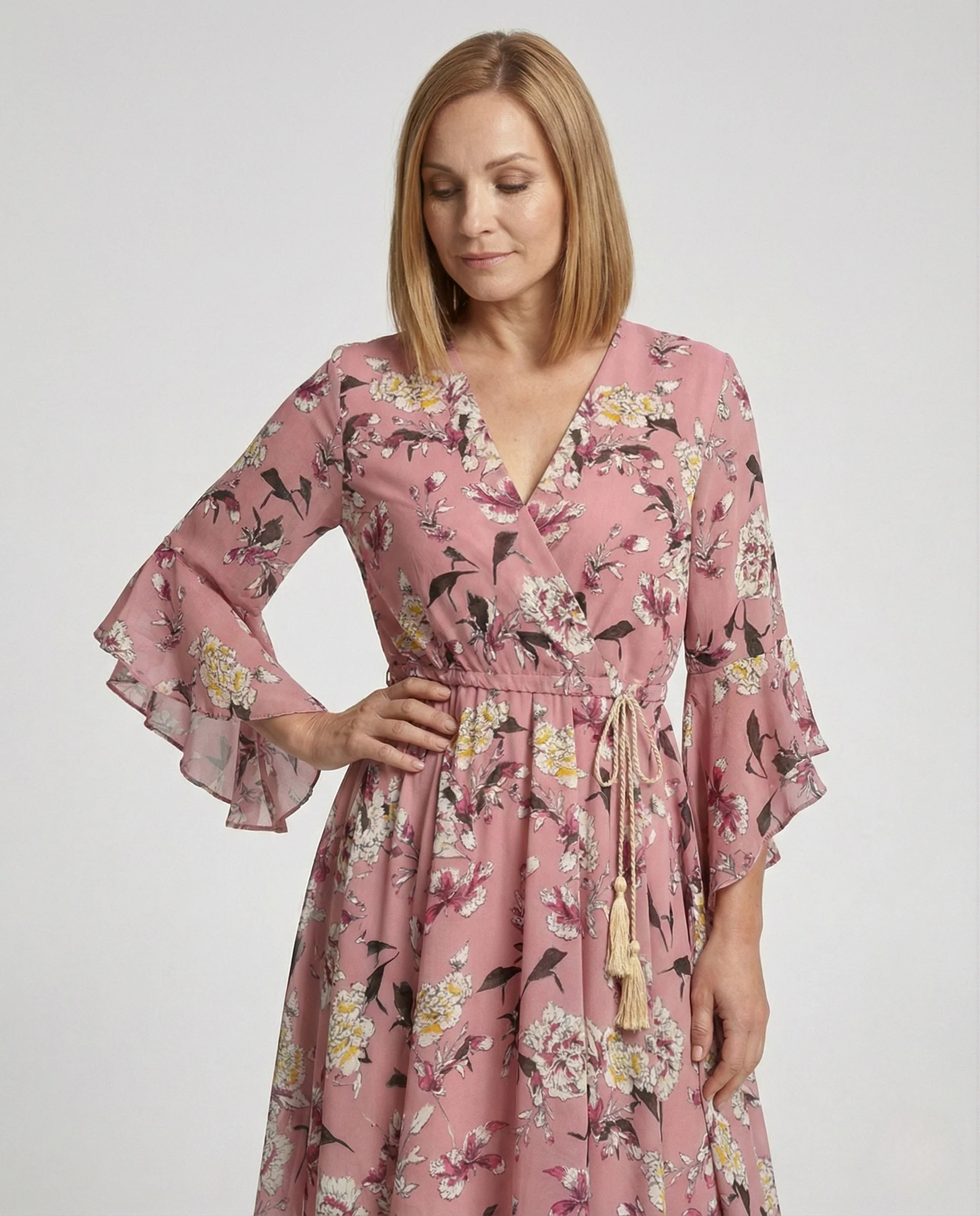 Damen Wickelkleid Chiffon mit Volantärmeln - Image 2