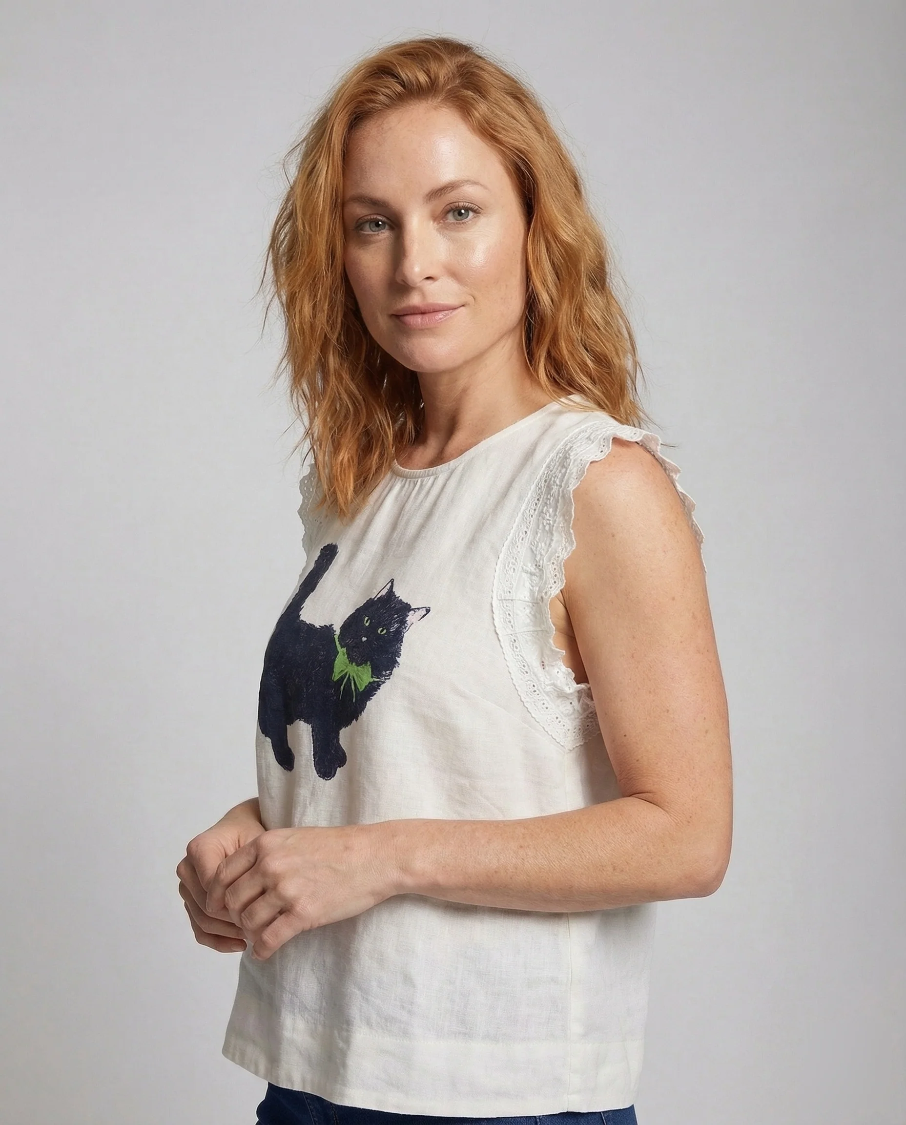 Damen Leinenmix Top mit Katzenprint - Image 2