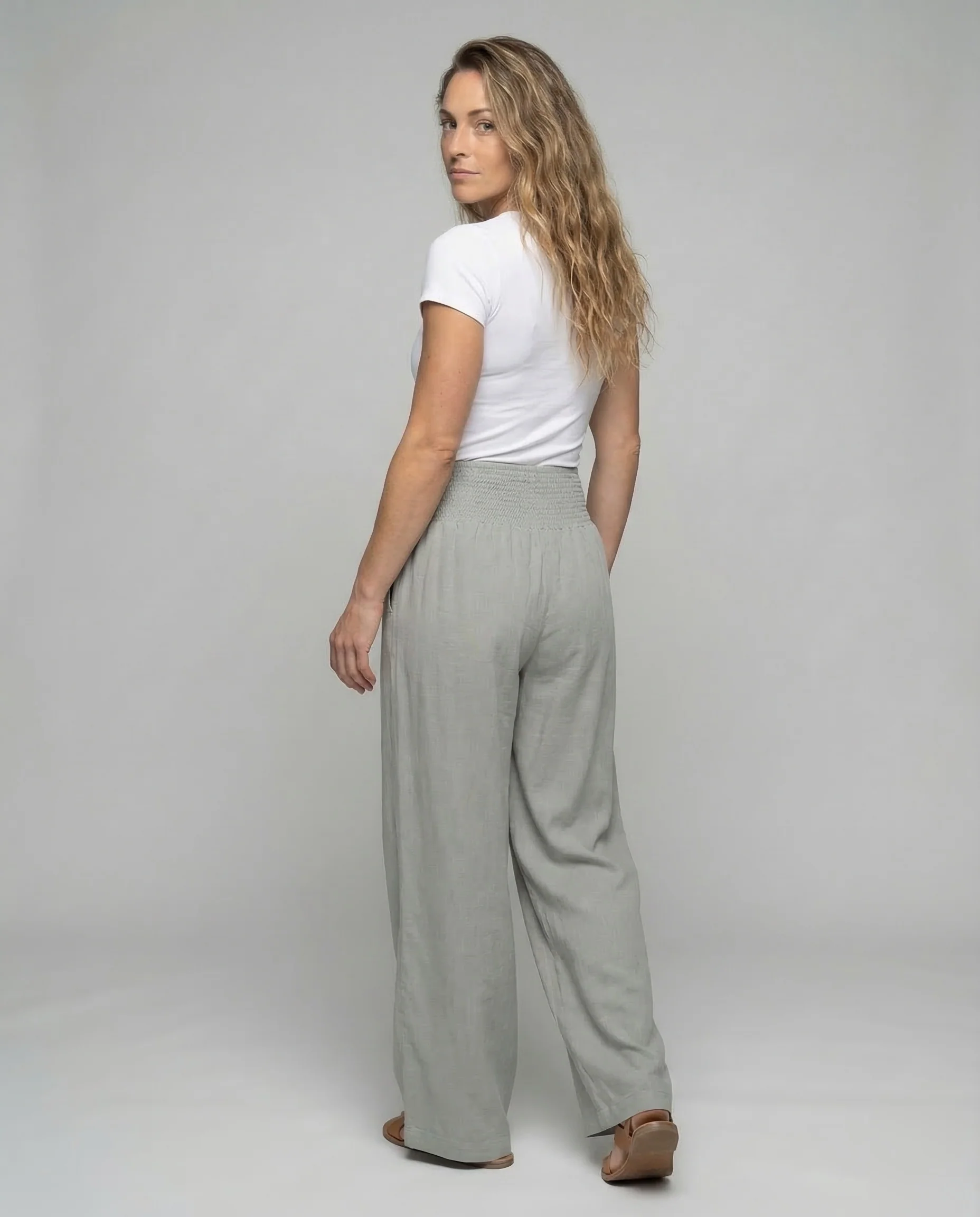 Damen Leinen Palazzo Hose Smokbund - Image 4