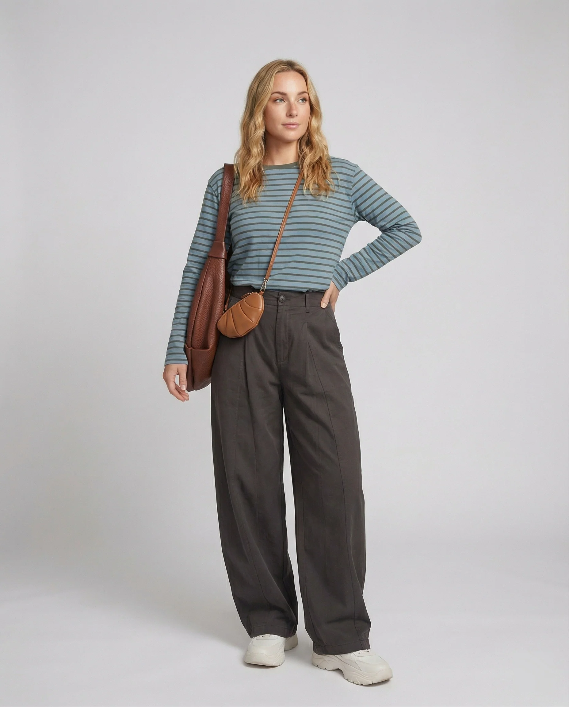 Locker fallende Leinenmix-Hose mit hoher Taille, Bundfalten und weitem Bein Heidi-Mode