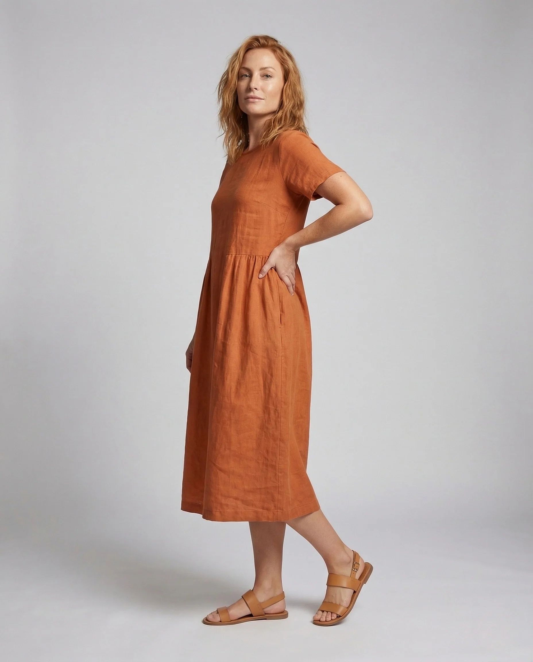 Damen Leinen Baumwoll Midikleid mit Taschen