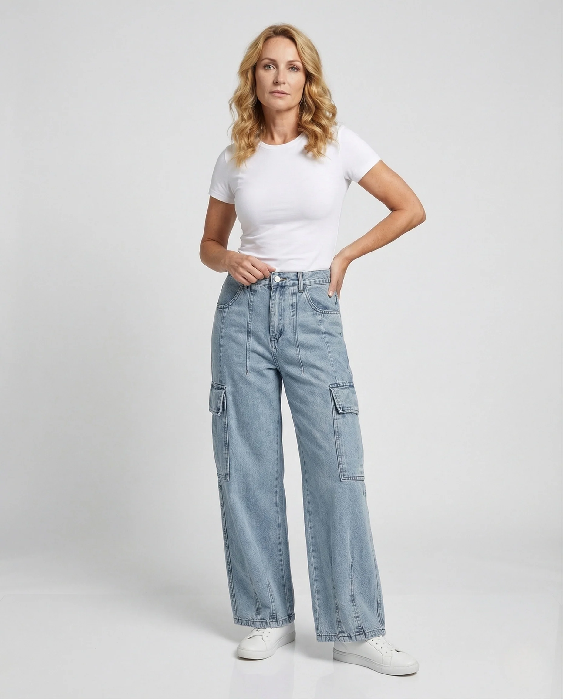 Damen Cargo Jeans High Waist mit weitem Bein Utility Denim