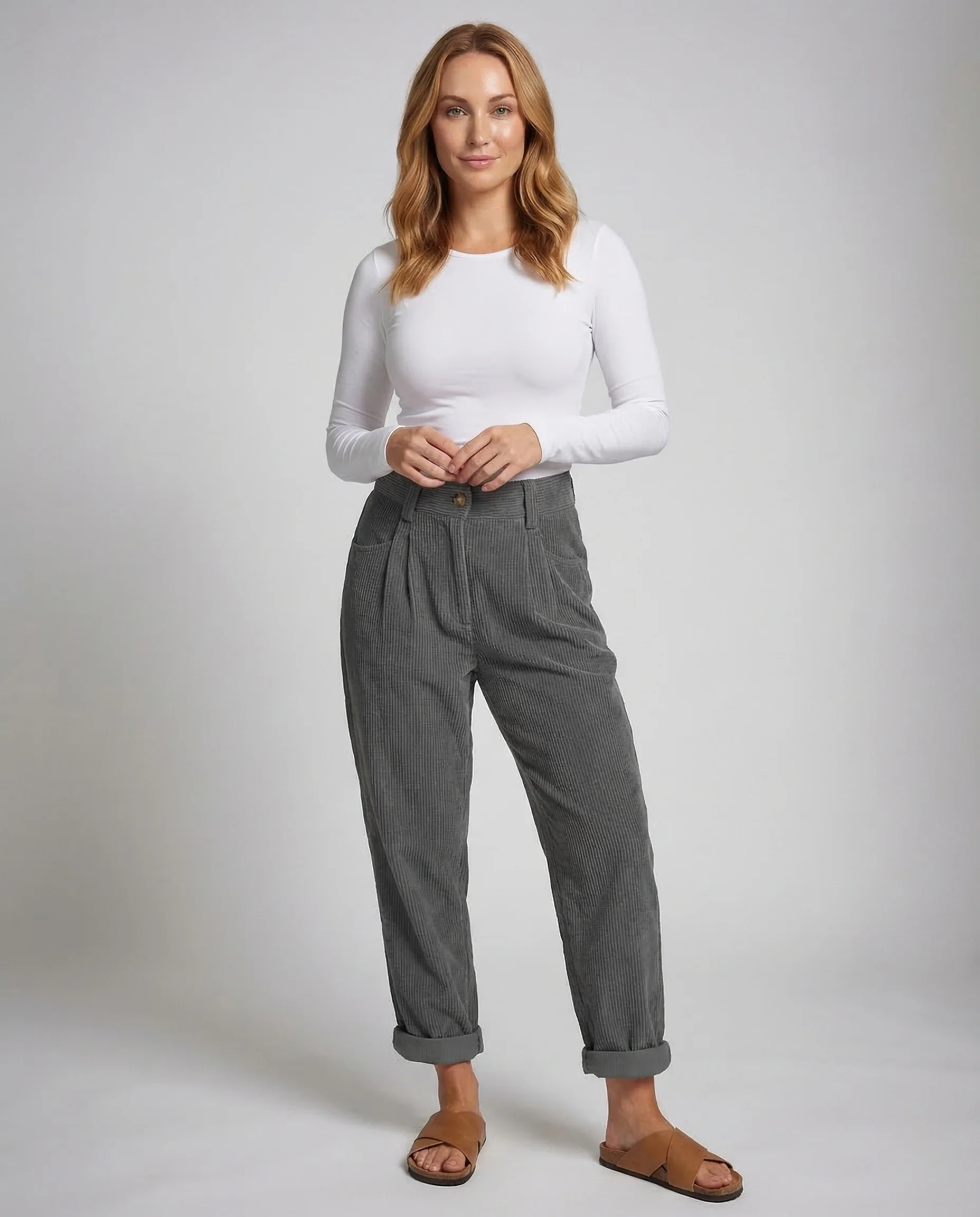 Damen Cordhose High Waist Umschlag