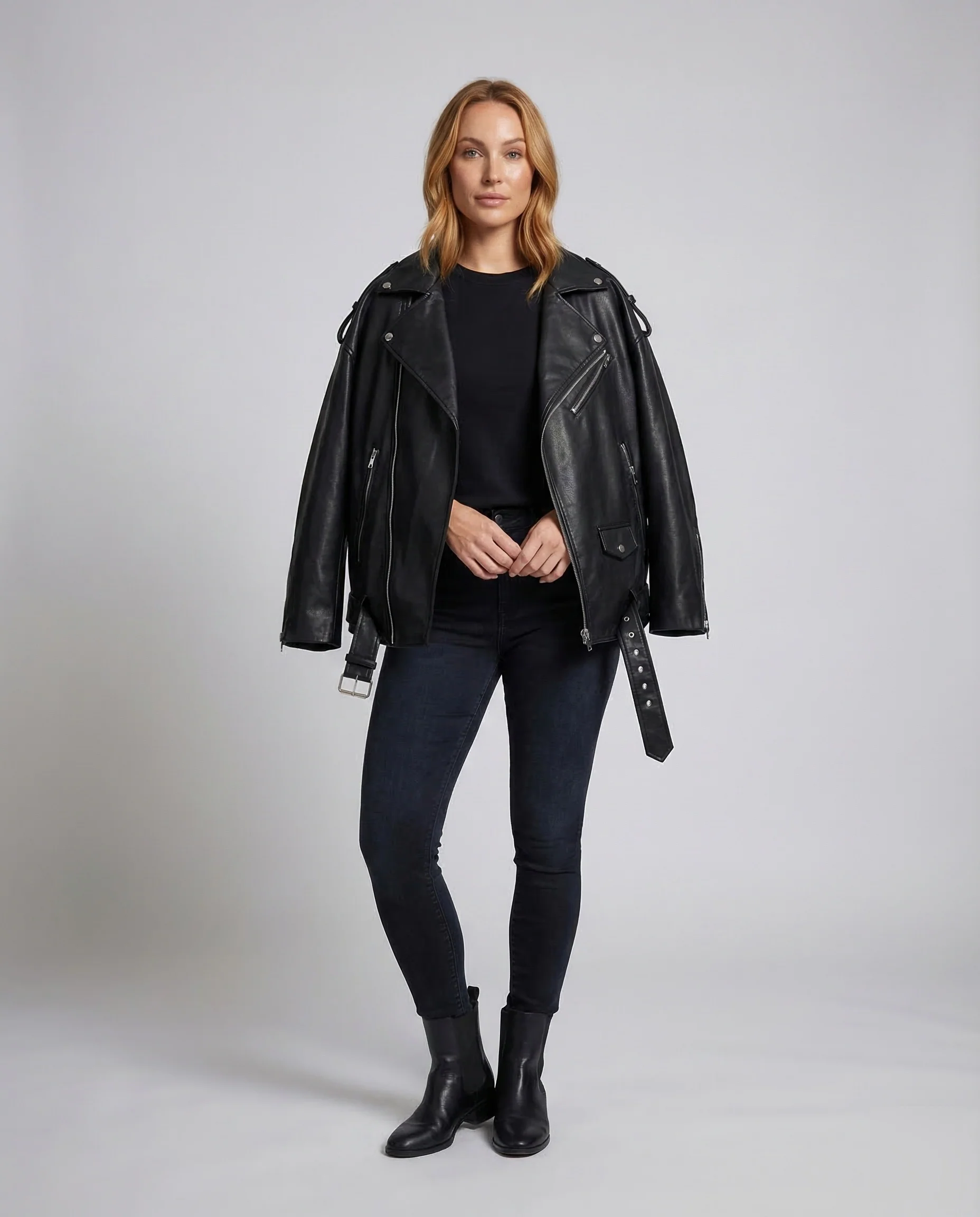 Damen Kunstleder Bikerjacke Oversize
