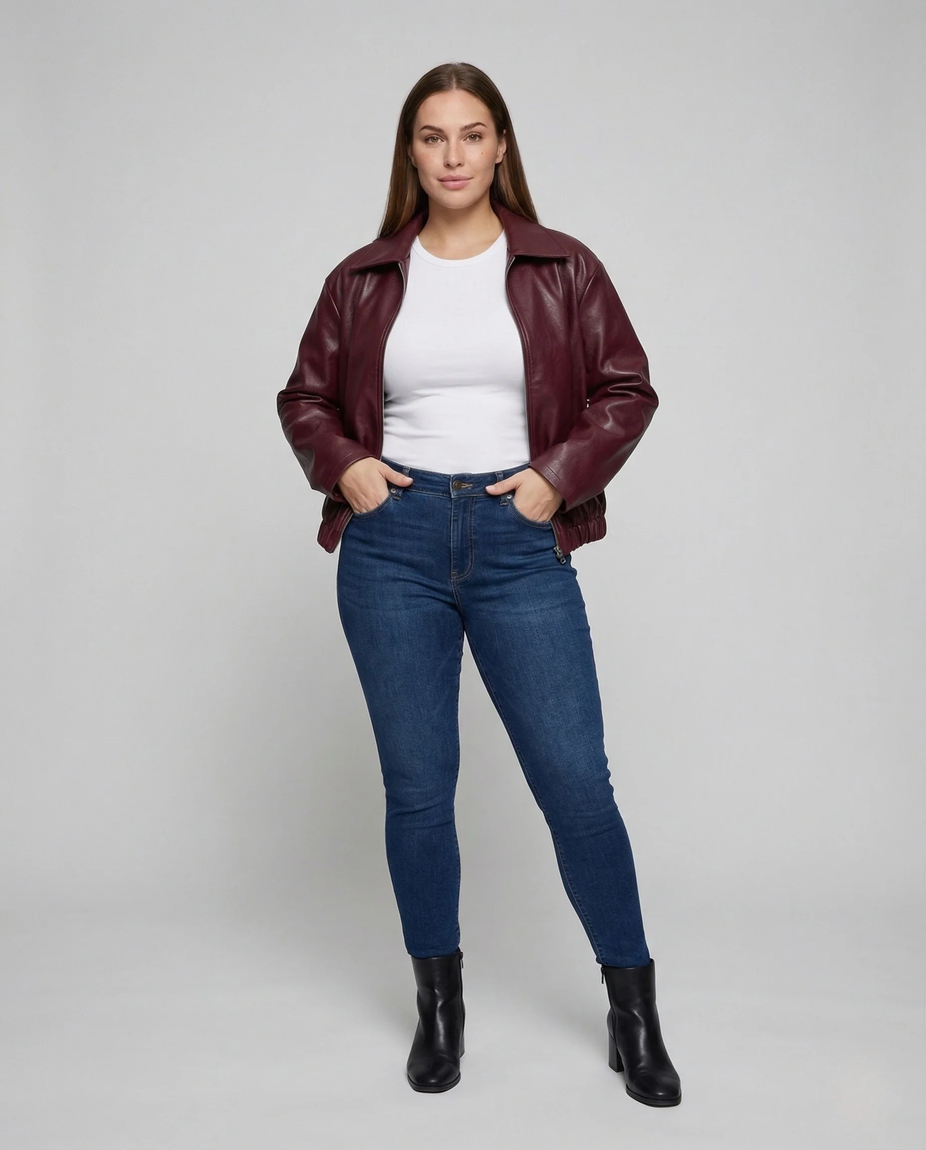 Damen Kunstlederjacke Locker Reißverschluss Hemdkragen