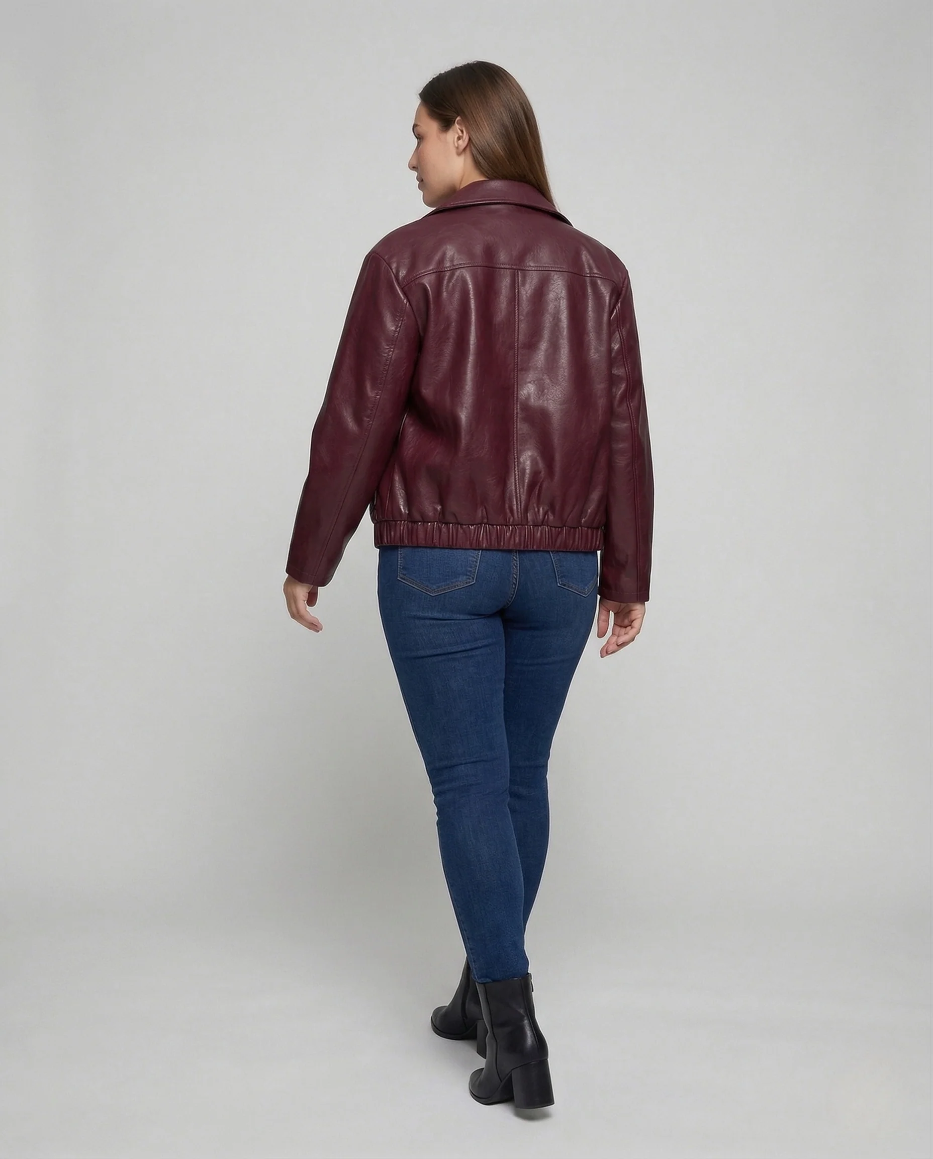 Damen Kunstlederjacke Locker Reißverschluss Hemdkragen - Image 4