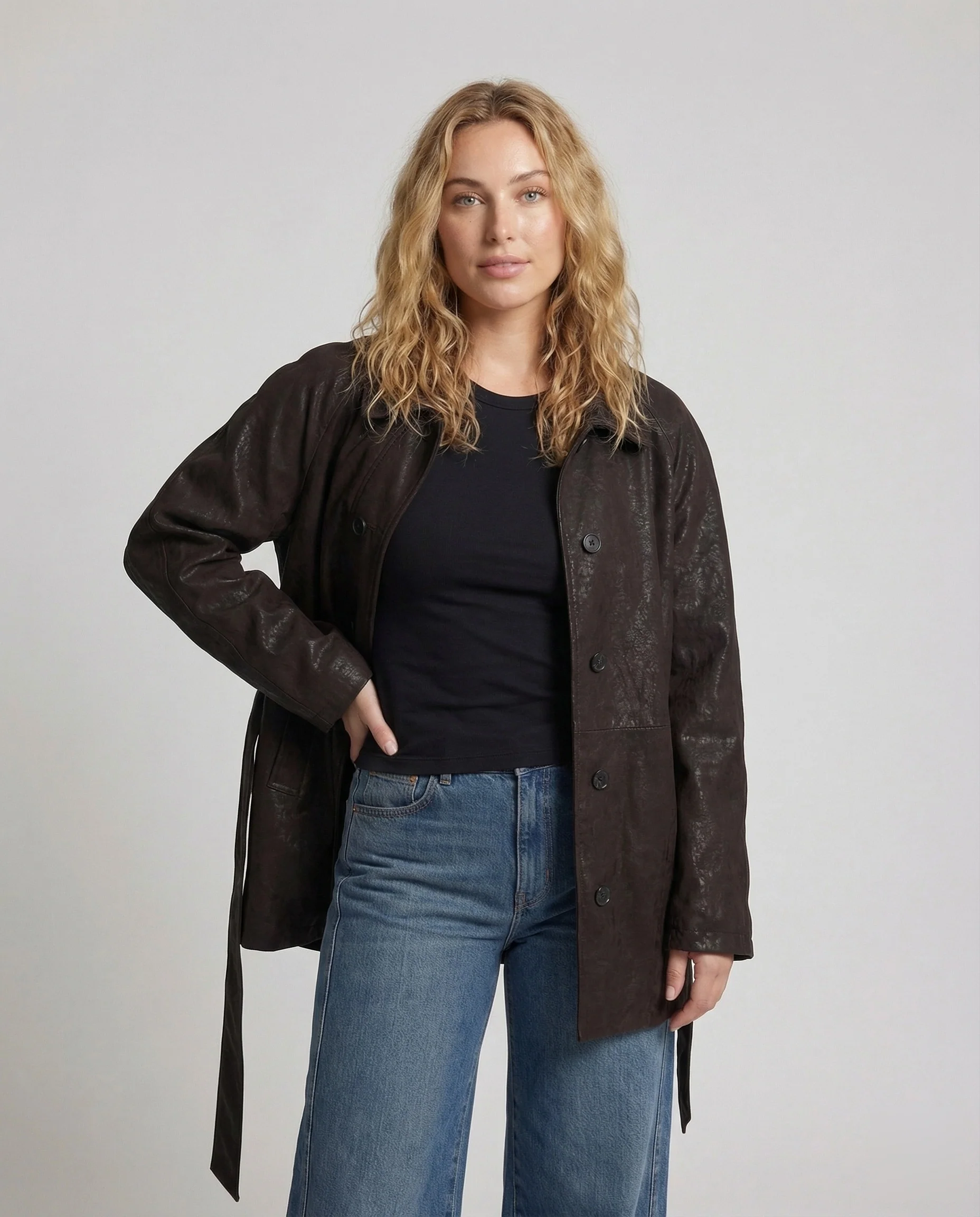 Damen Lederoptik Manteljacke Gürtel - Image 2