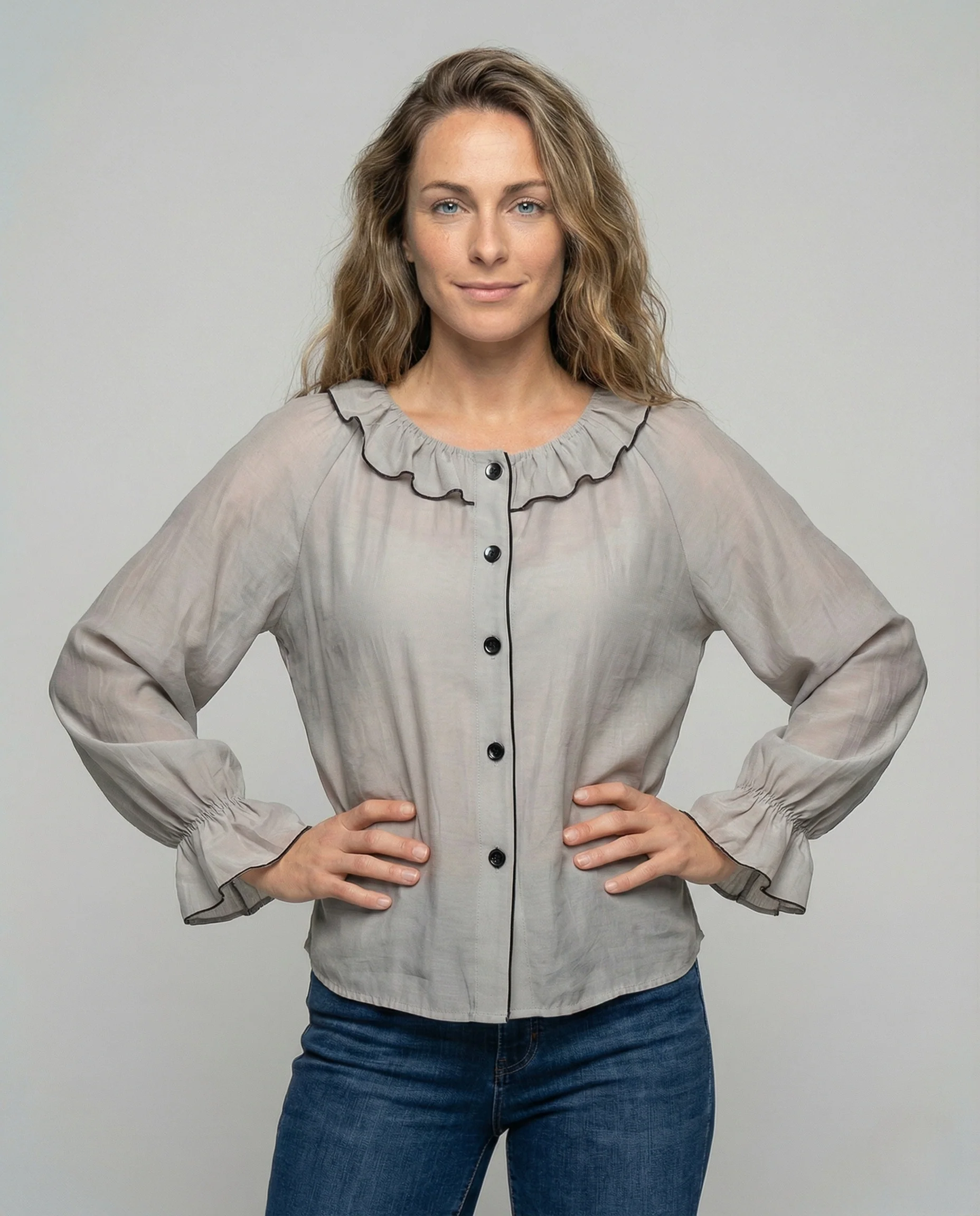 Damen Vintage Chiffonbluse mit Rüschenkragen
