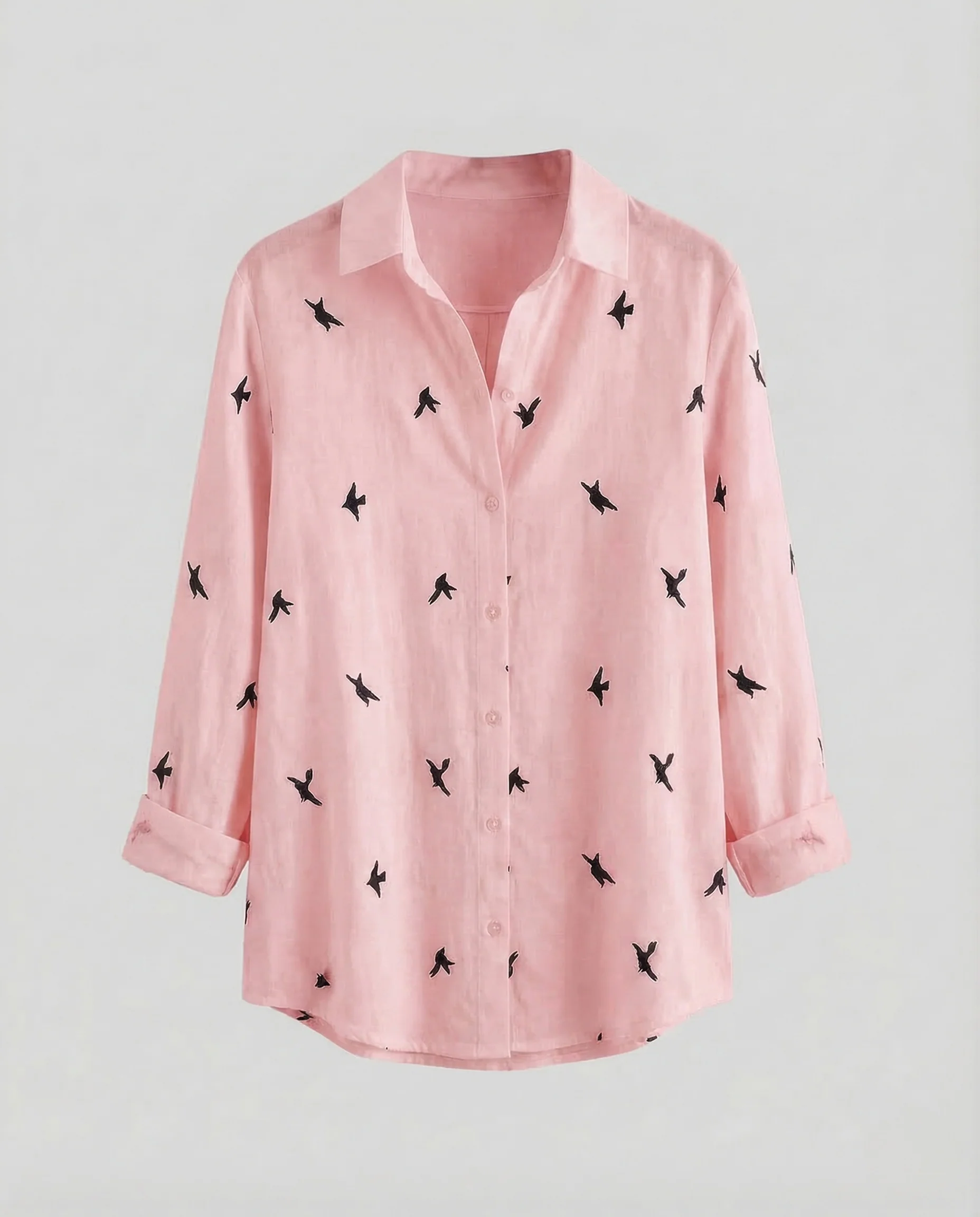 Damen Leinenbluse Vogelprint Hemdkragen - Image 6